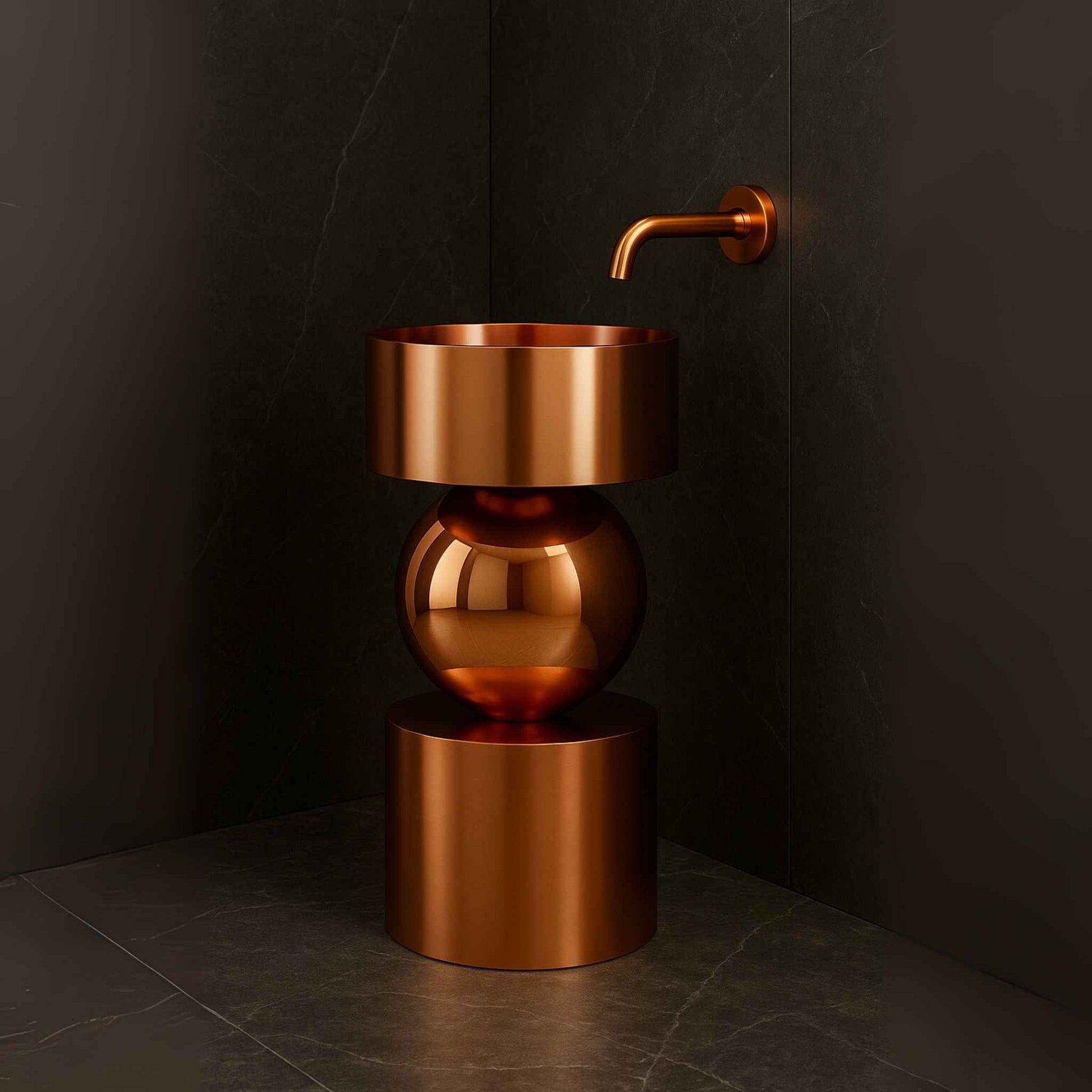  Luxury rose gold pedestal washbasin with sculptural design and stainless steel finish, perfect for modern high-end bathrooms – 400x400x800mm.