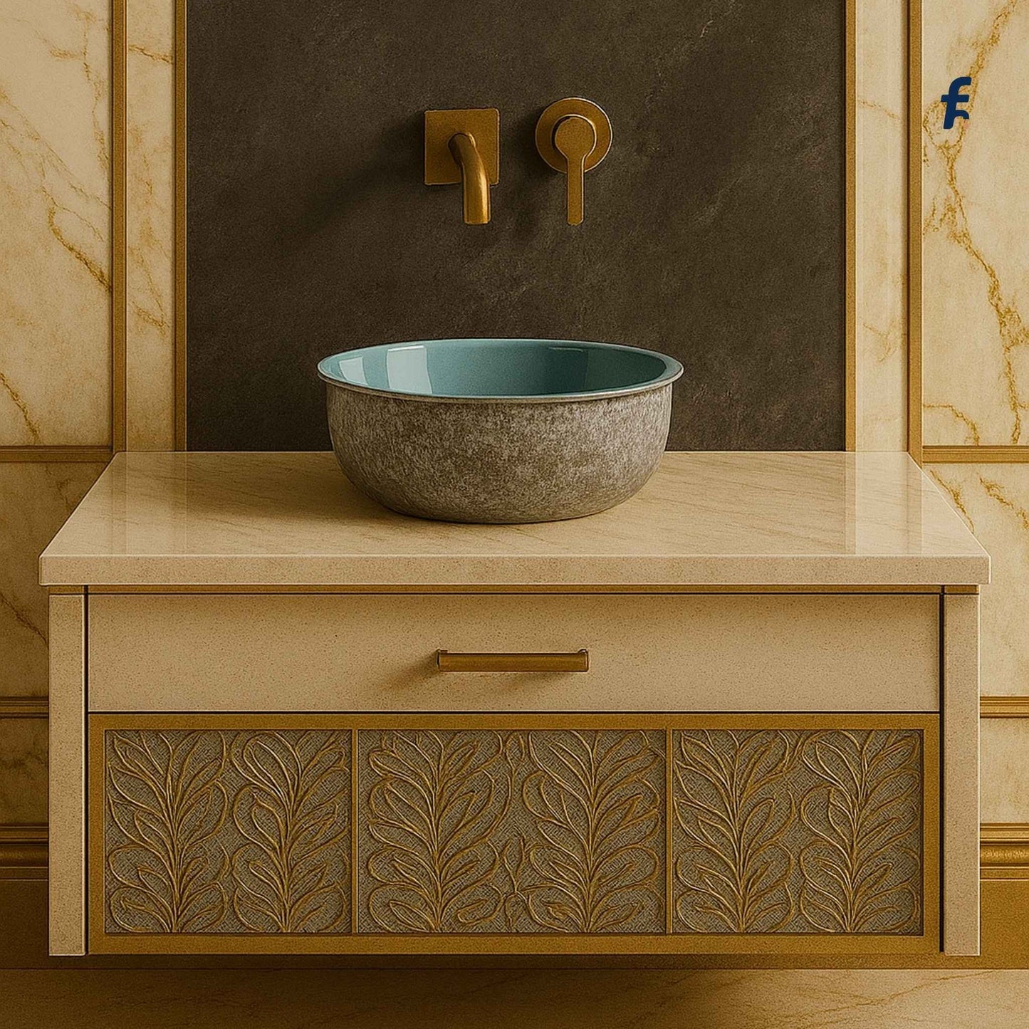 Bathroom vanity with a bowl-shaped sink and decorative faucet against a marble wall.