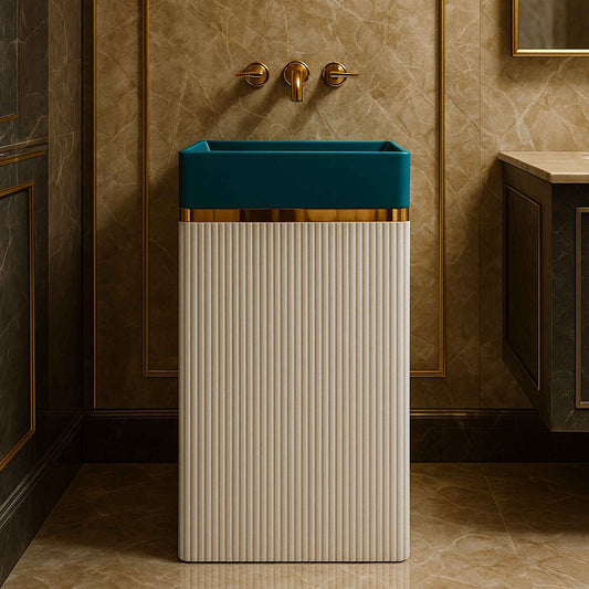 Bathroom sink with blue top and beige ribbed base in a tiled bathroom.