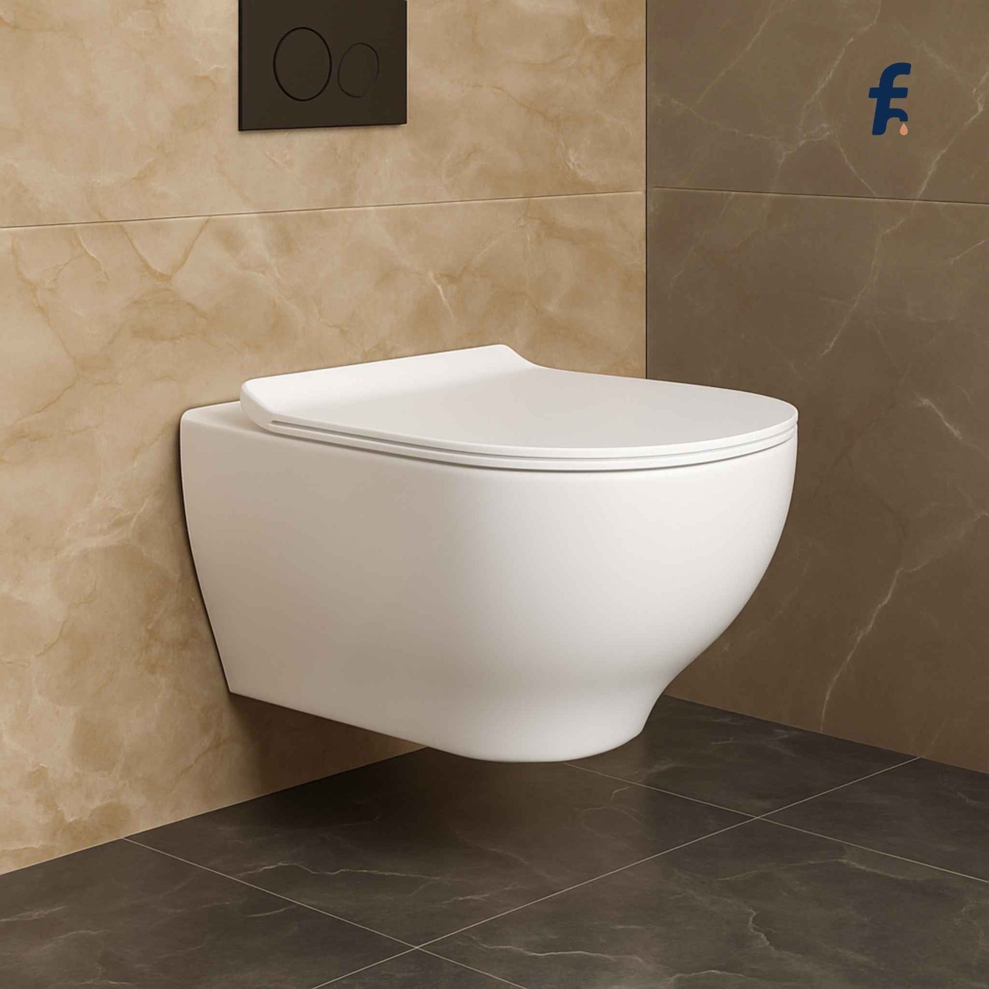White wall-mounted toilet in a bathroom with beige tiles and a dark floor, Side view of premium wall mounted WC with Italian marble backdrop