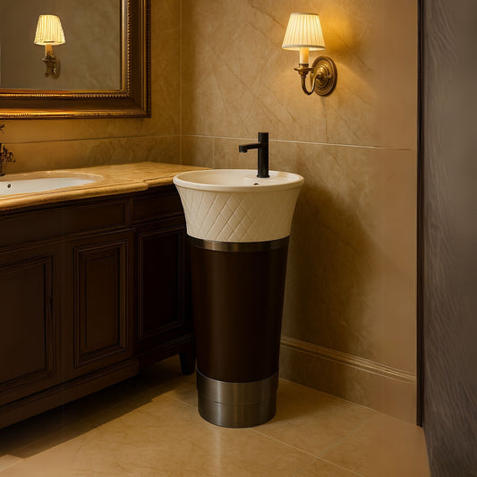 Luxury dual-tone pedestal washbasin with white diamond texture and espresso base, 860mm height front image