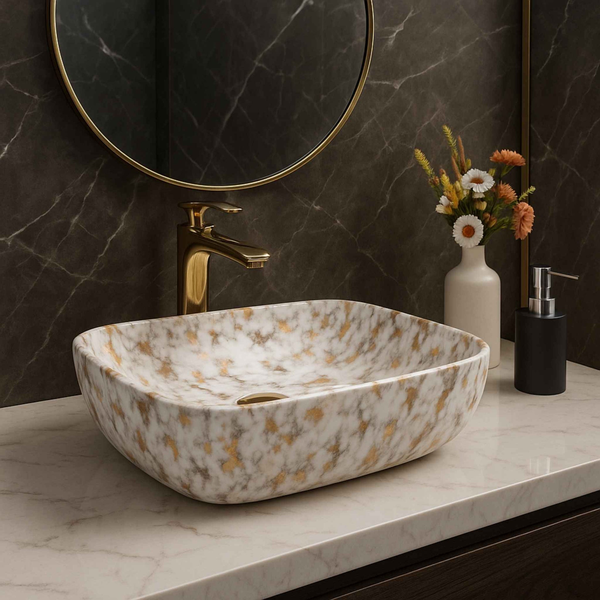 Marble-patterned sink on a bathroom counter with a mirror and decorative elements. gold faucet countertop basin marble texture modern washroom