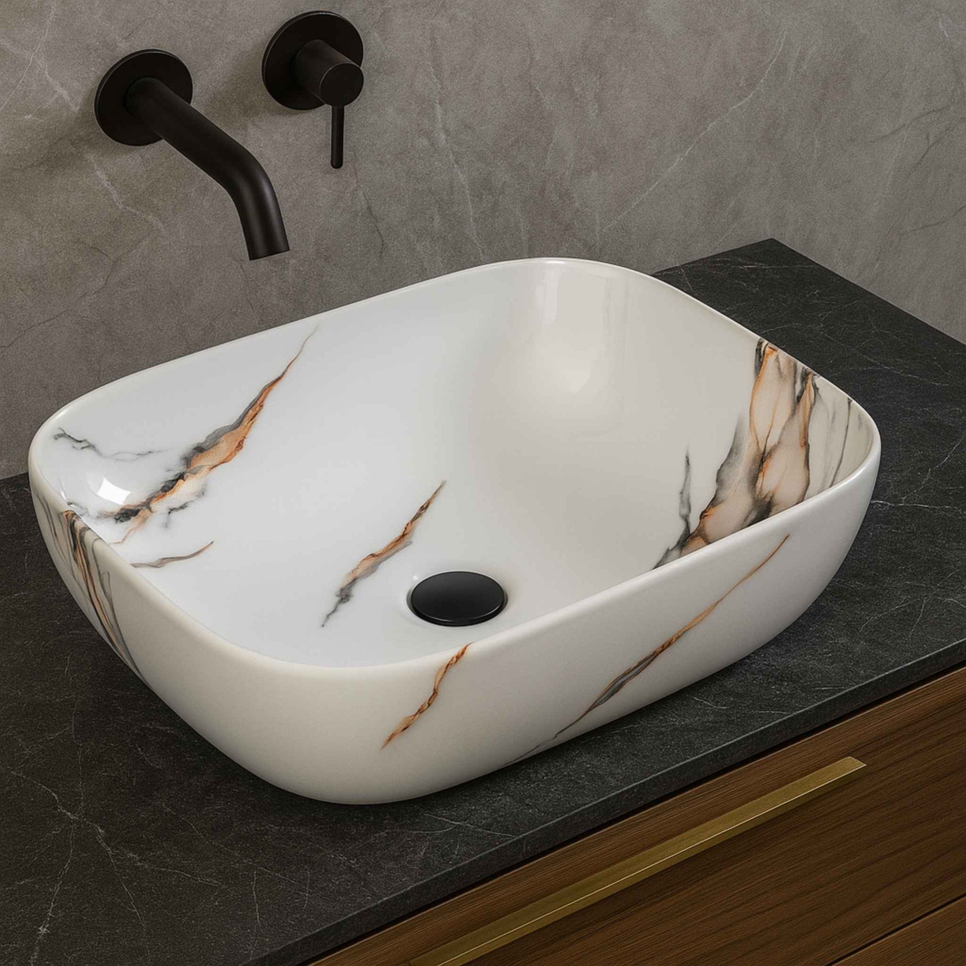 Side profile of luxury ceramic countertop wash basin with trending copper marble pattern