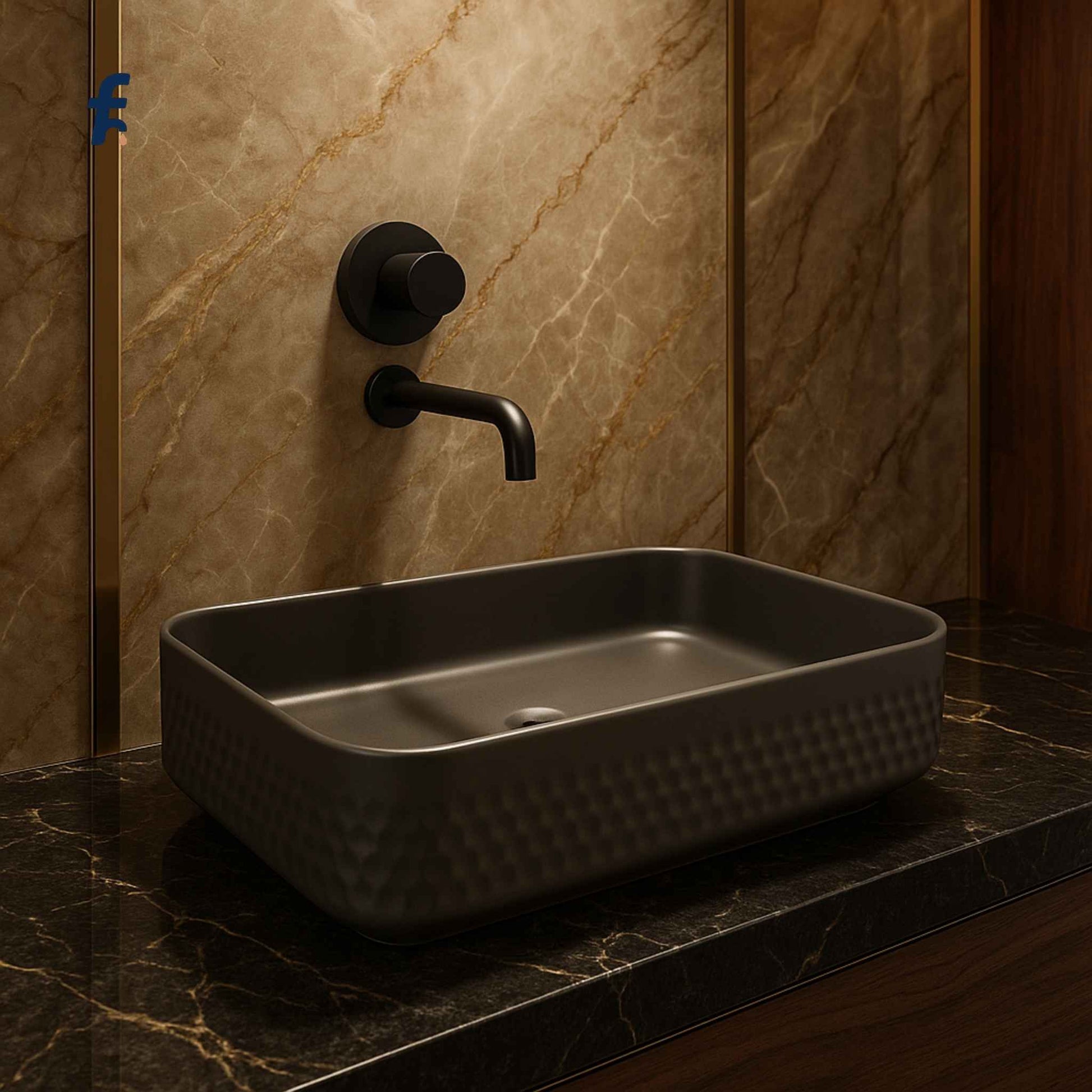 Front angle view of matte grey ceramic wash basin with wall-mounted faucet