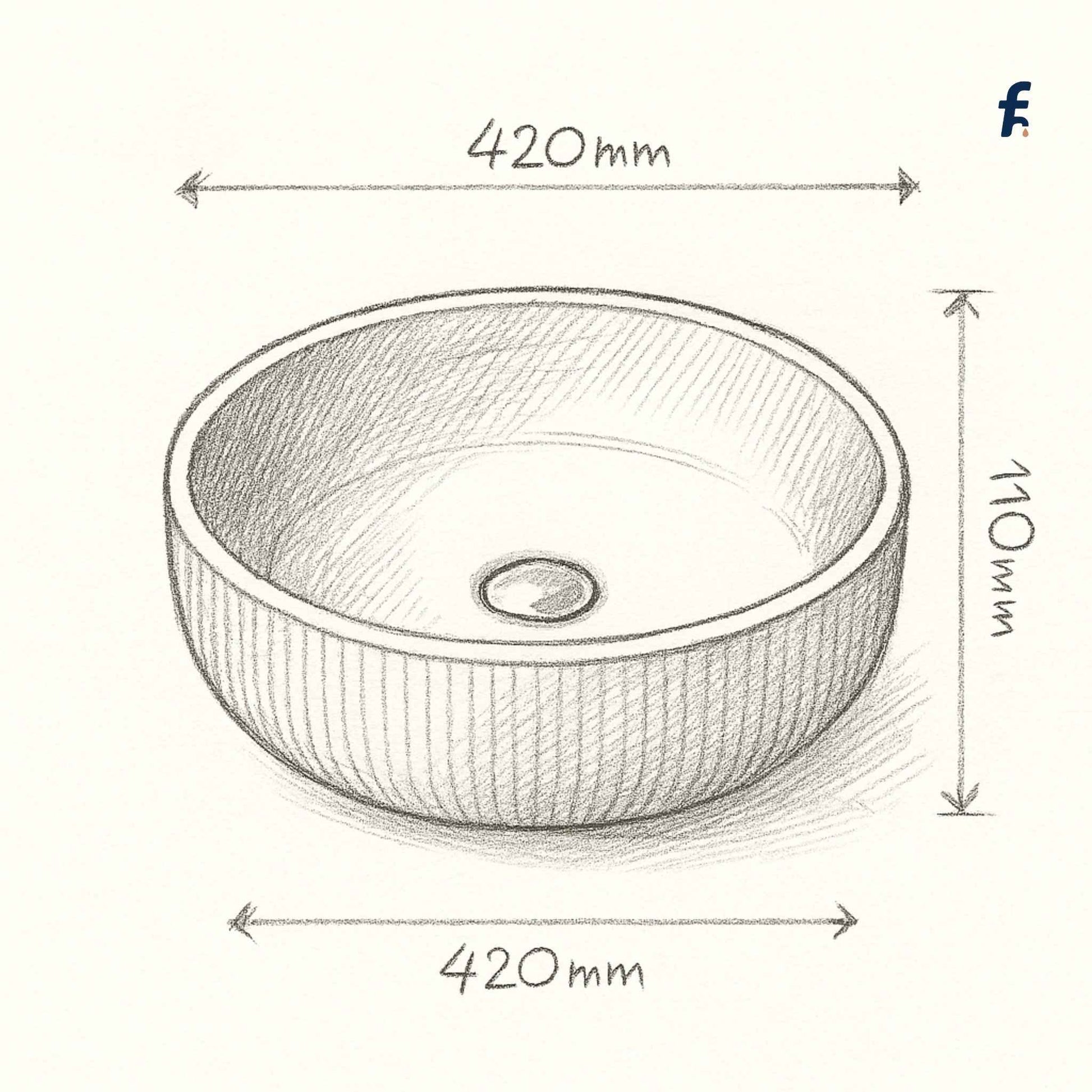 Measurement chart of a round sink with dimensions labeled