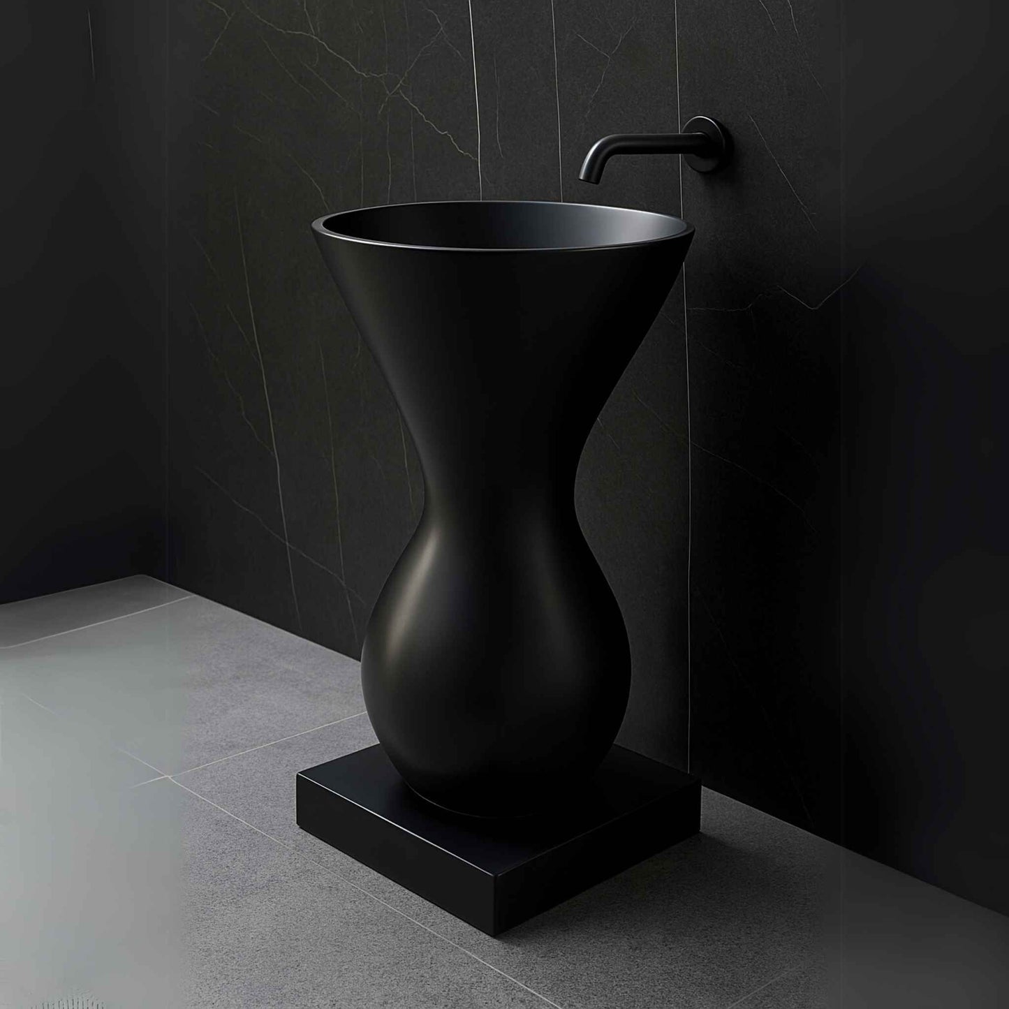 Side angle of matte black freestanding designer pedestal sink, showcasing sleek curved hourglass silhouette.