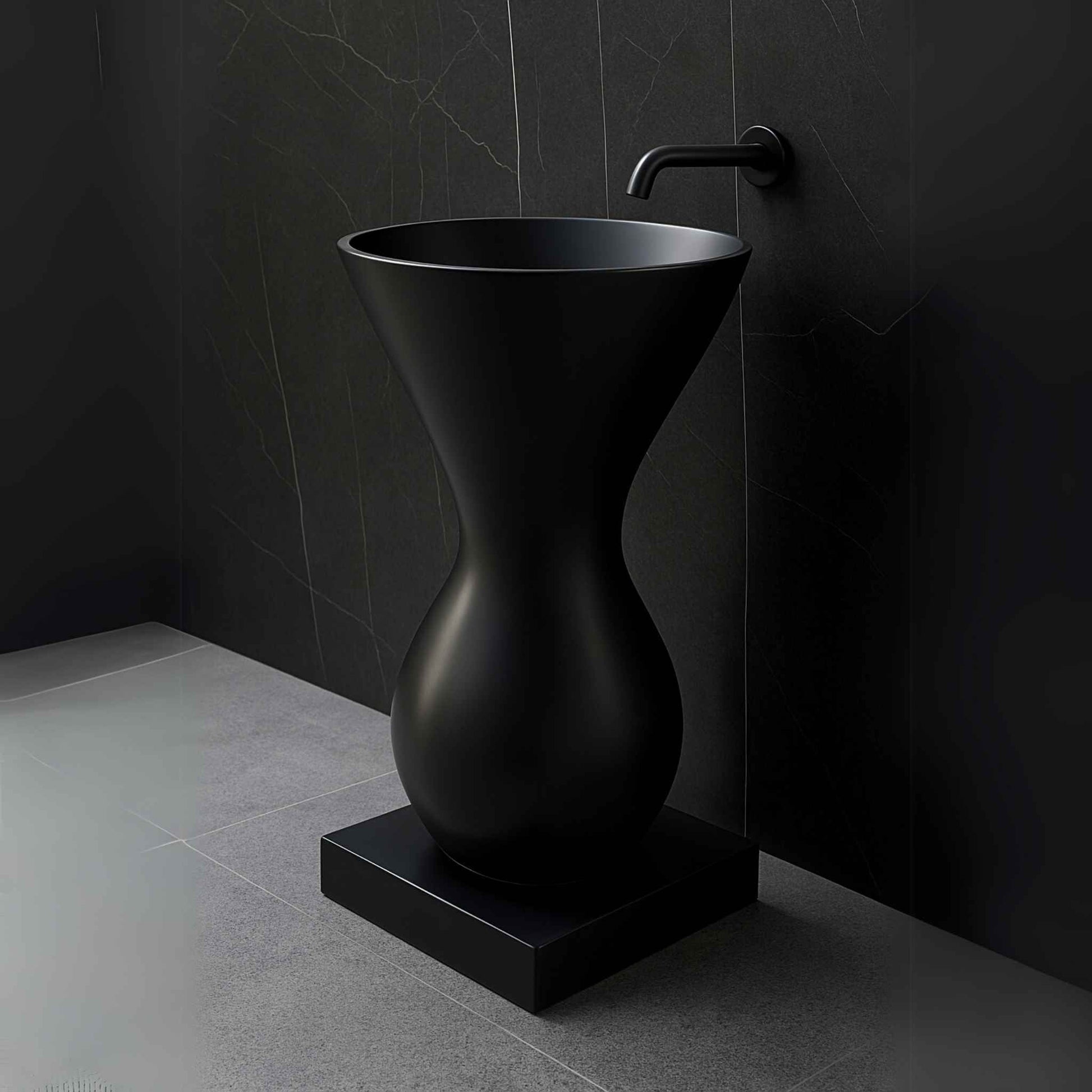 Side angle of matte black freestanding designer pedestal sink, showcasing sleek curved hourglass silhouette.