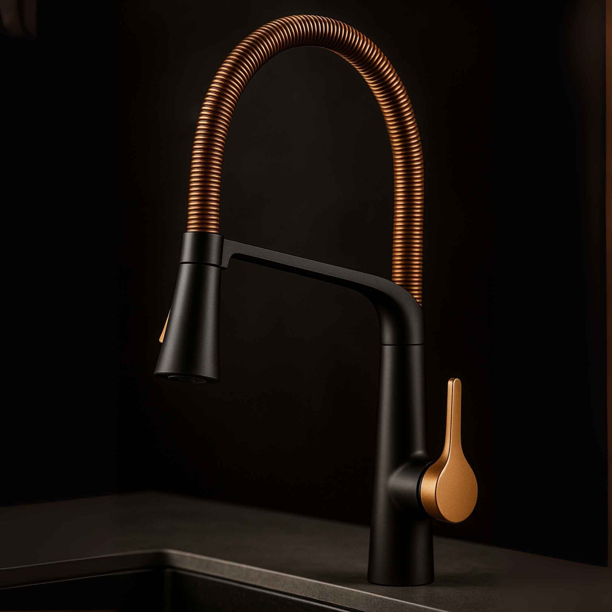 Side close-up of matte black kitchen mixer tap with rose gold spring coil and pull-down spray head