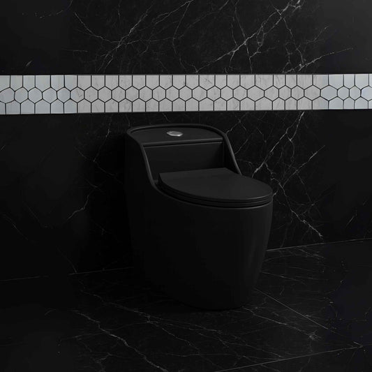 Matte black toilet with soft-close seat in luxury marble bathroom