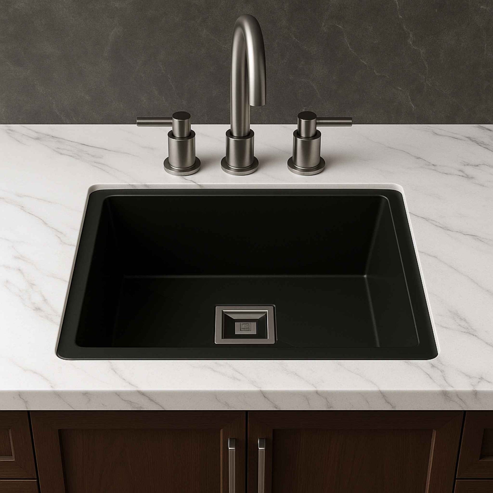 Front view of 18x24x9 matte black granite kitchen sink in white Italian marble kitchen
