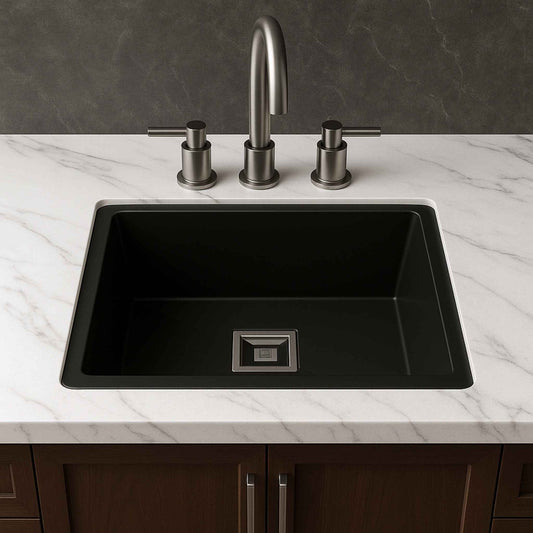Front view of 18x24x9 matte black granite kitchen sink in white Italian marble kitchen
