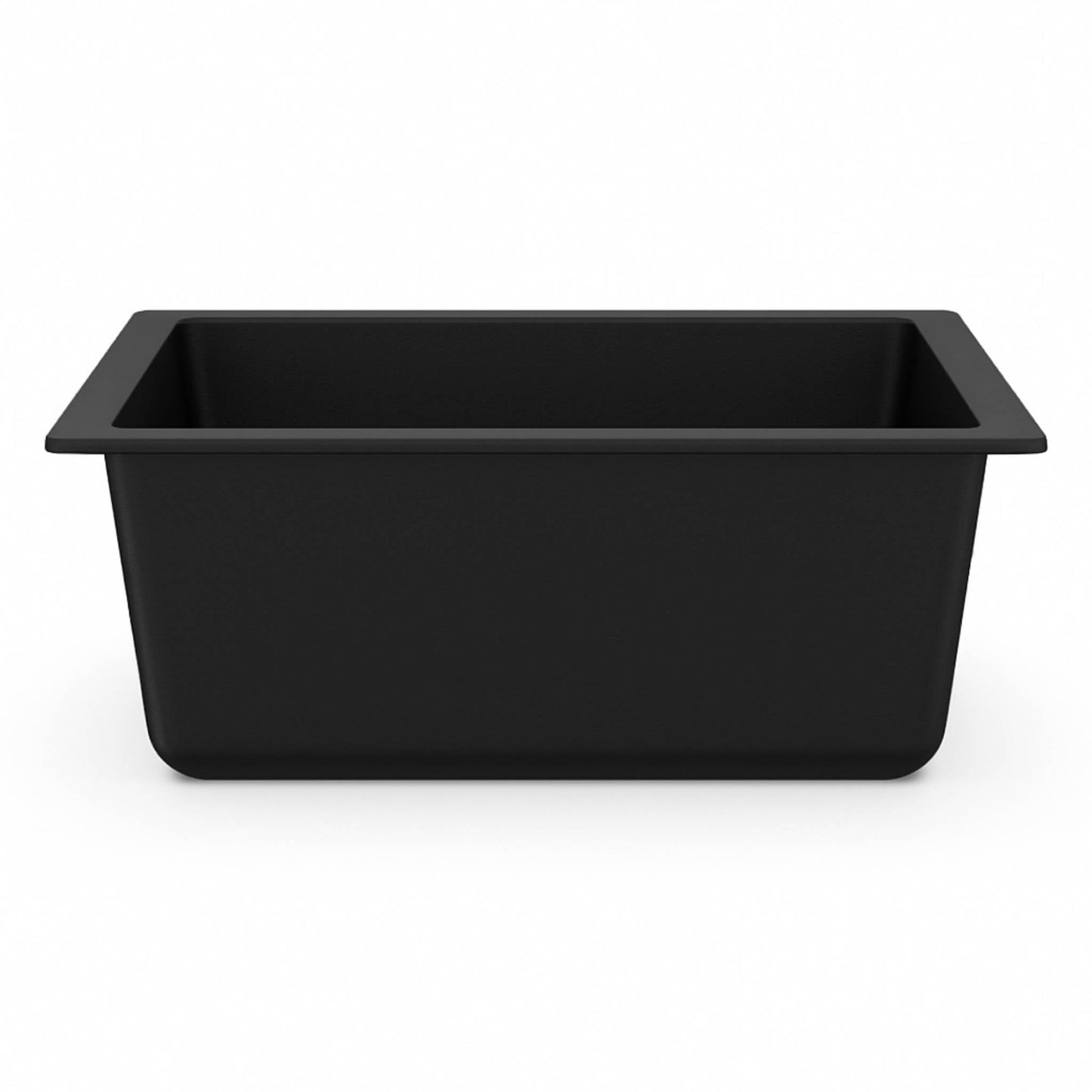 Front view of modern matte black kitchen sink with rectangular profile