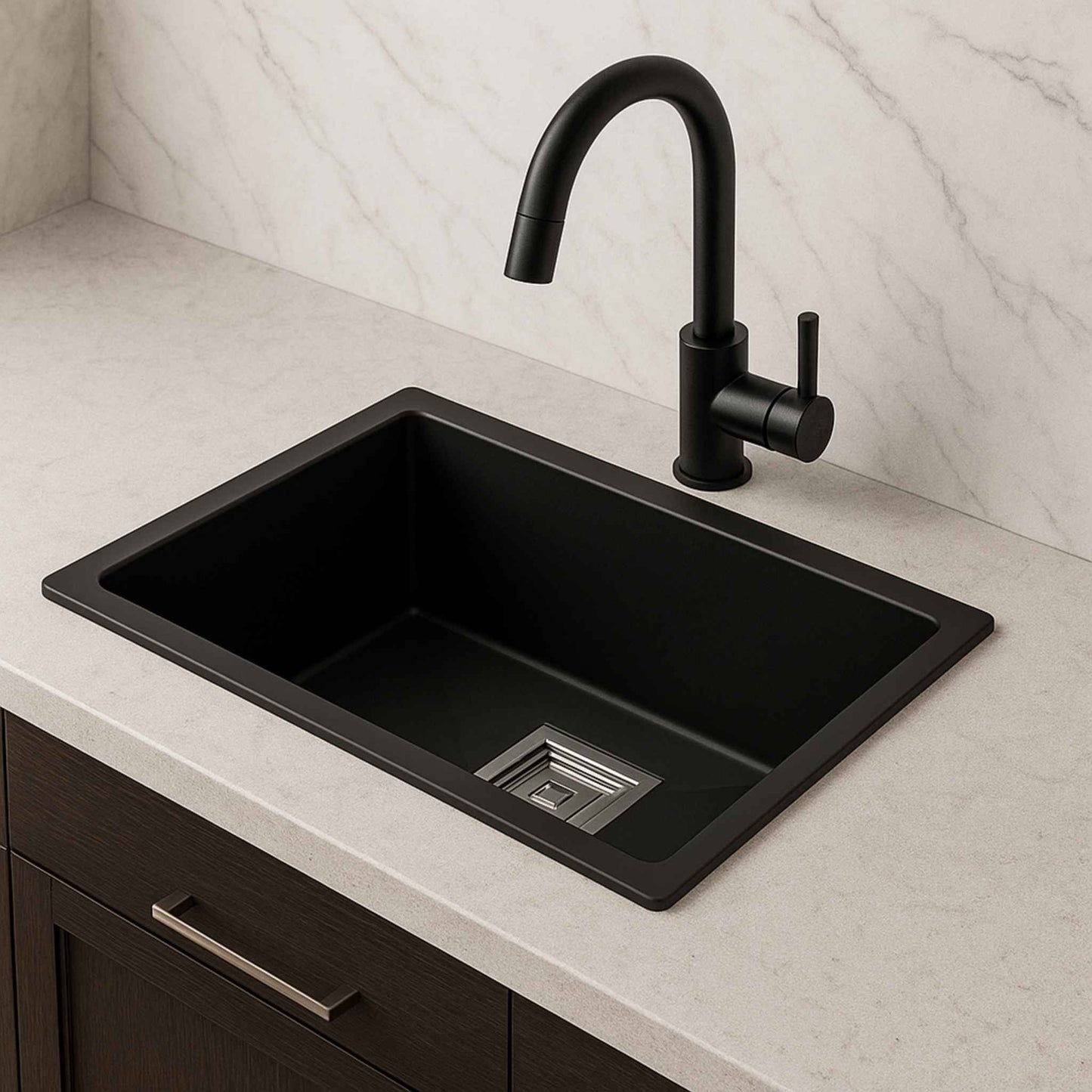 Side profile of compact matte black metallic kitchen sink