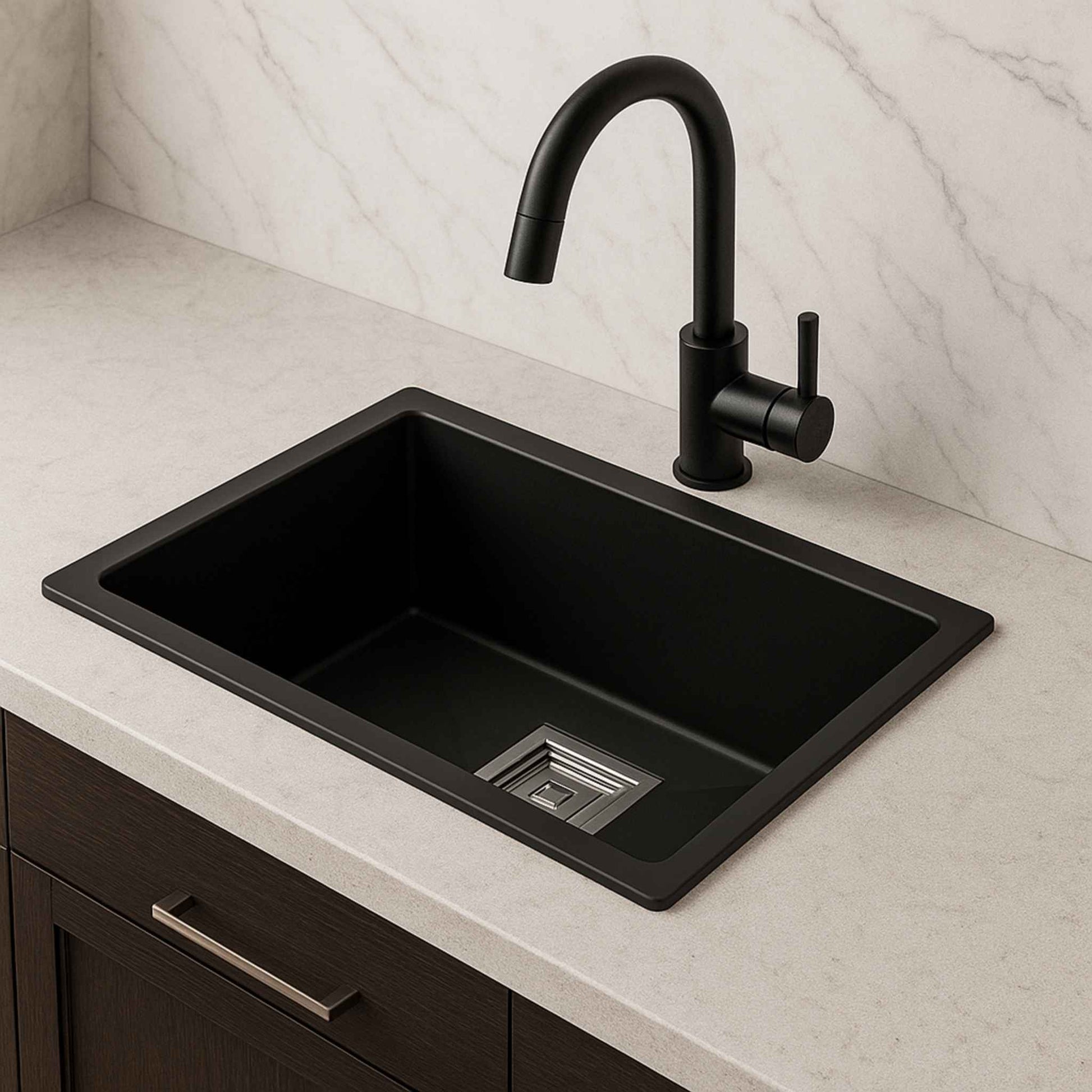 Side profile of compact matte black metallic kitchen sink