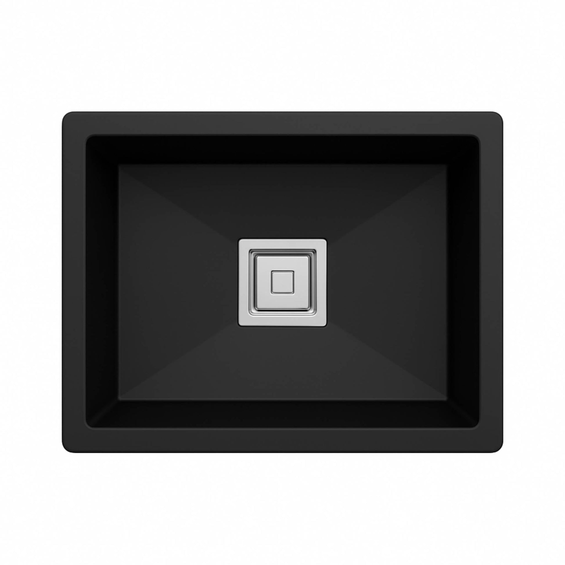 Top angle of matte black kitchen sink with square stainless steel drain