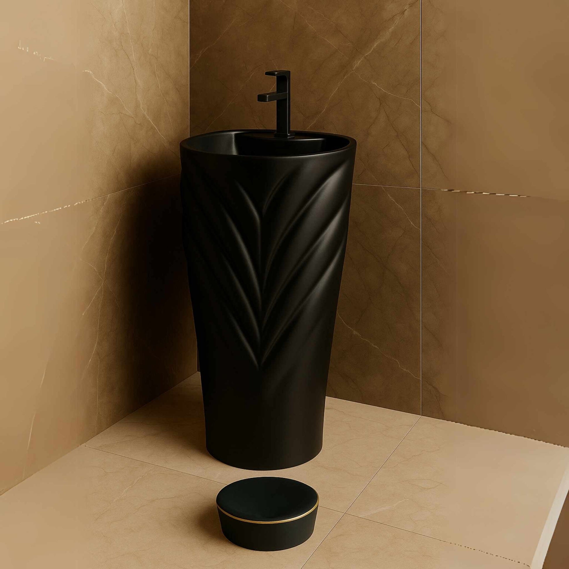 Front-facing matte black designer pedestal basin with sculpted detailing