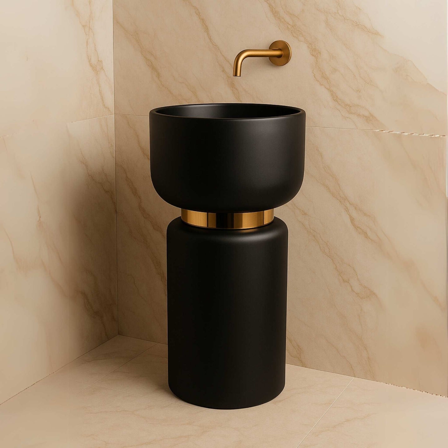 Front view of sleek matte black pedestal washbasin with minimalist cylindrical design