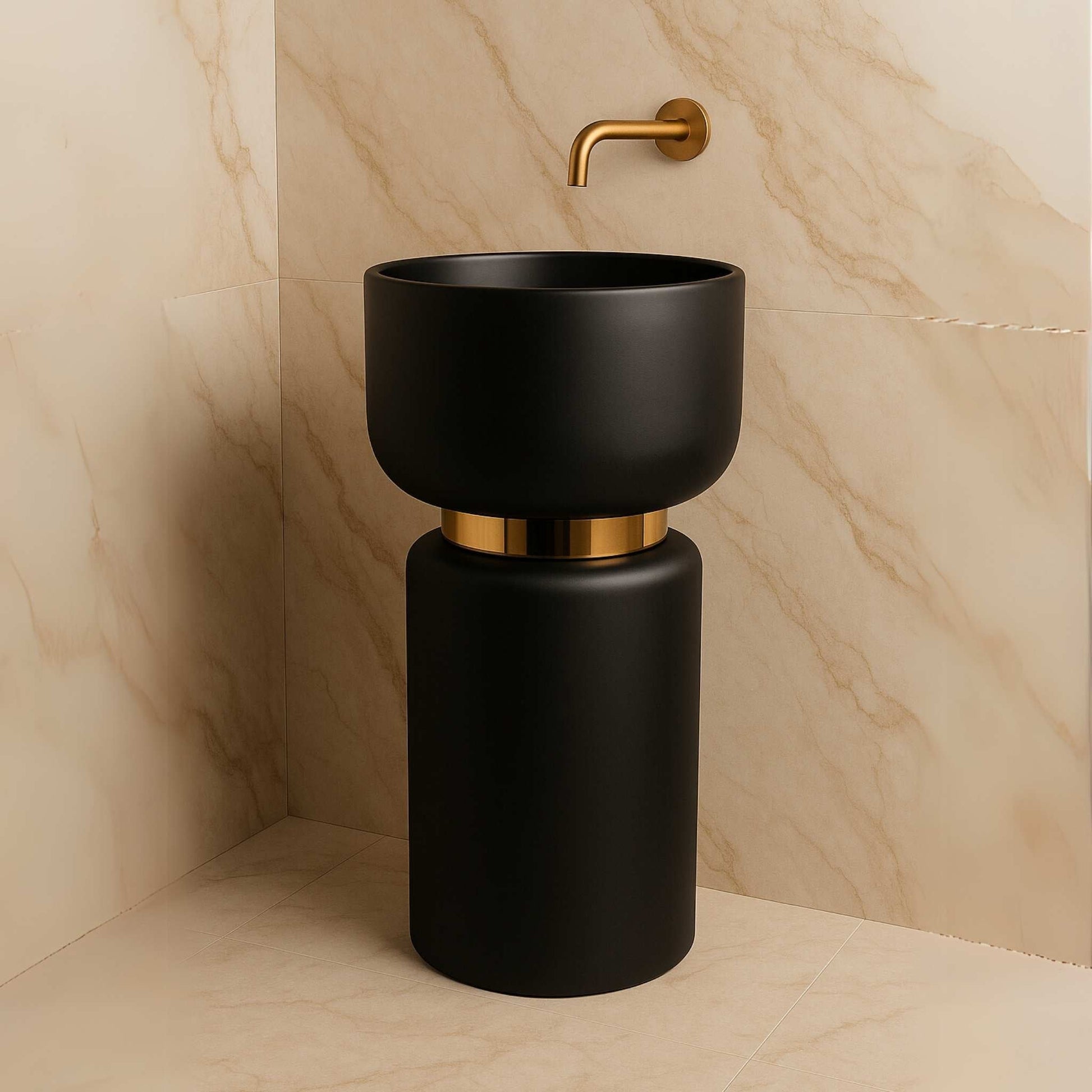 Front view of sleek matte black pedestal washbasin with minimalist cylindrical design