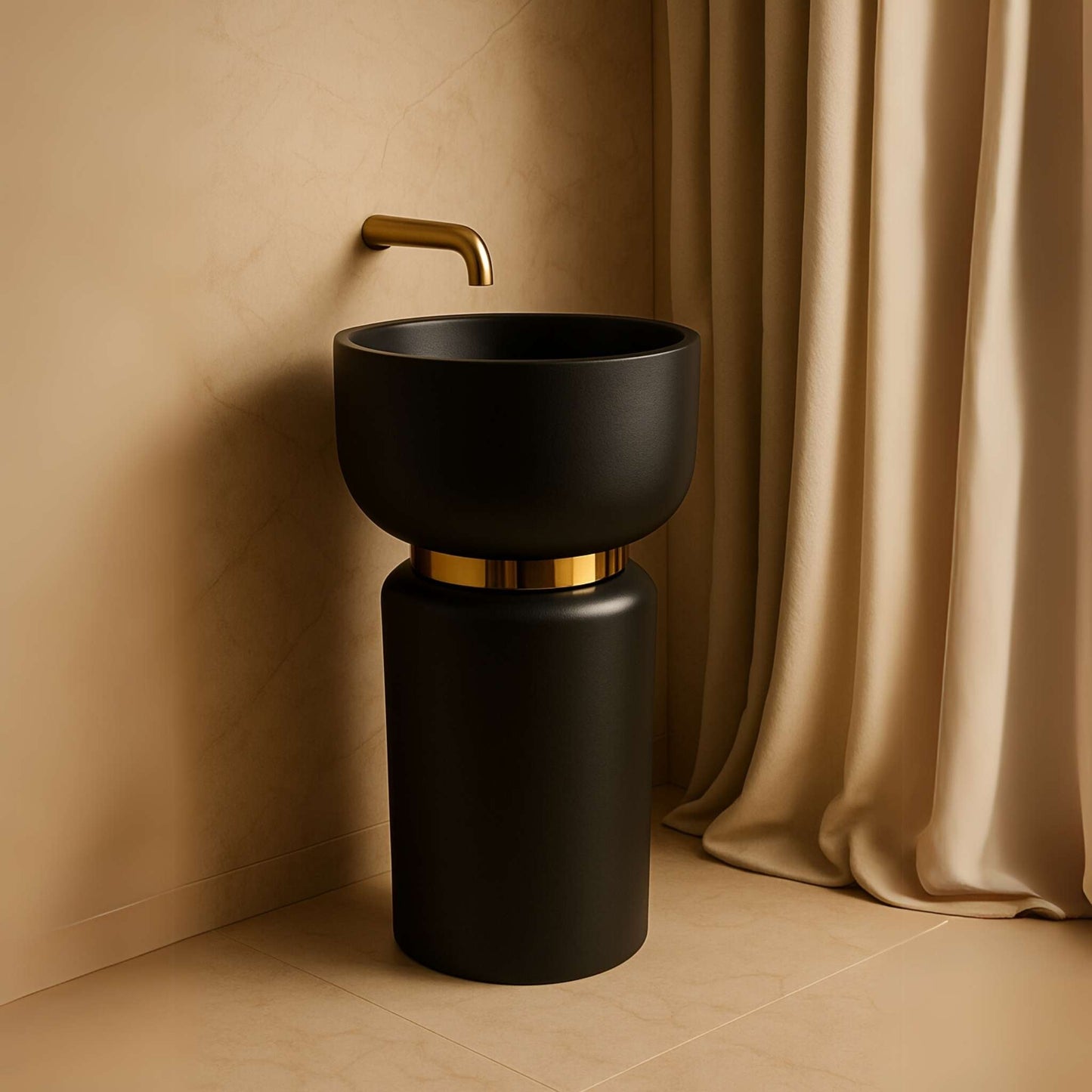 Side angle showing the smooth curved body of matte black pedestal washbasin