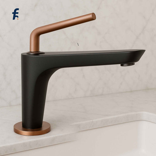 Bathroom faucet with black body and copper accents on a light background, Side close-up of luxury matte black and rose gold basin faucet