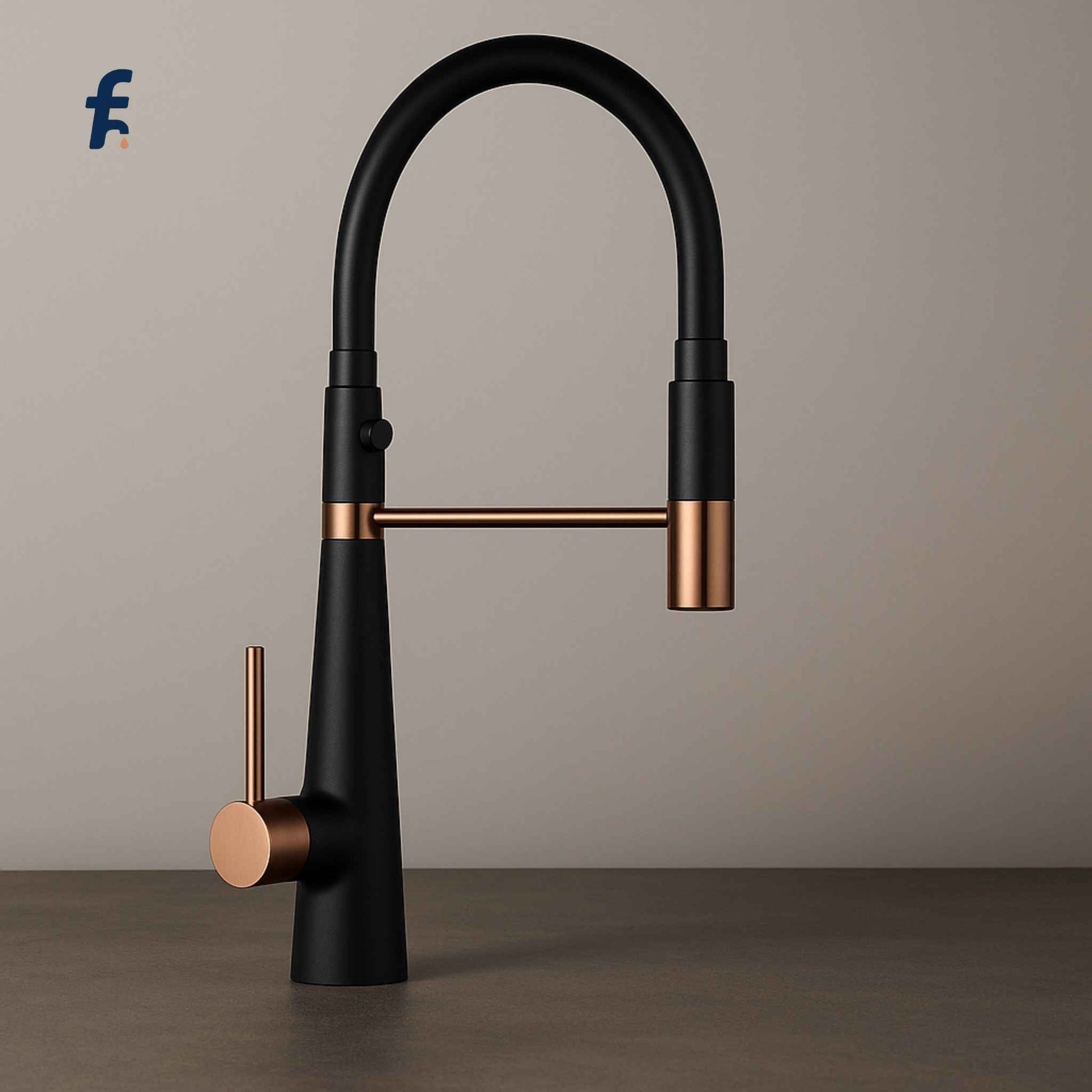 Front profile of designer matte black kitchen faucet with rose gold handle and 2-way outlet