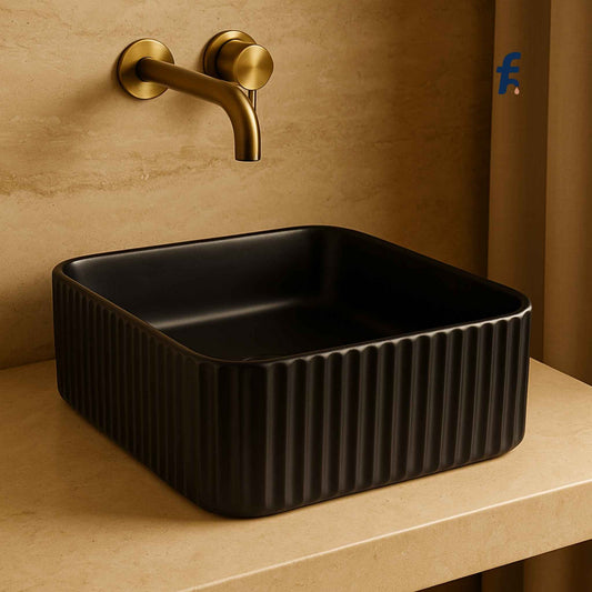 Close-up of matte black square table top wash basin