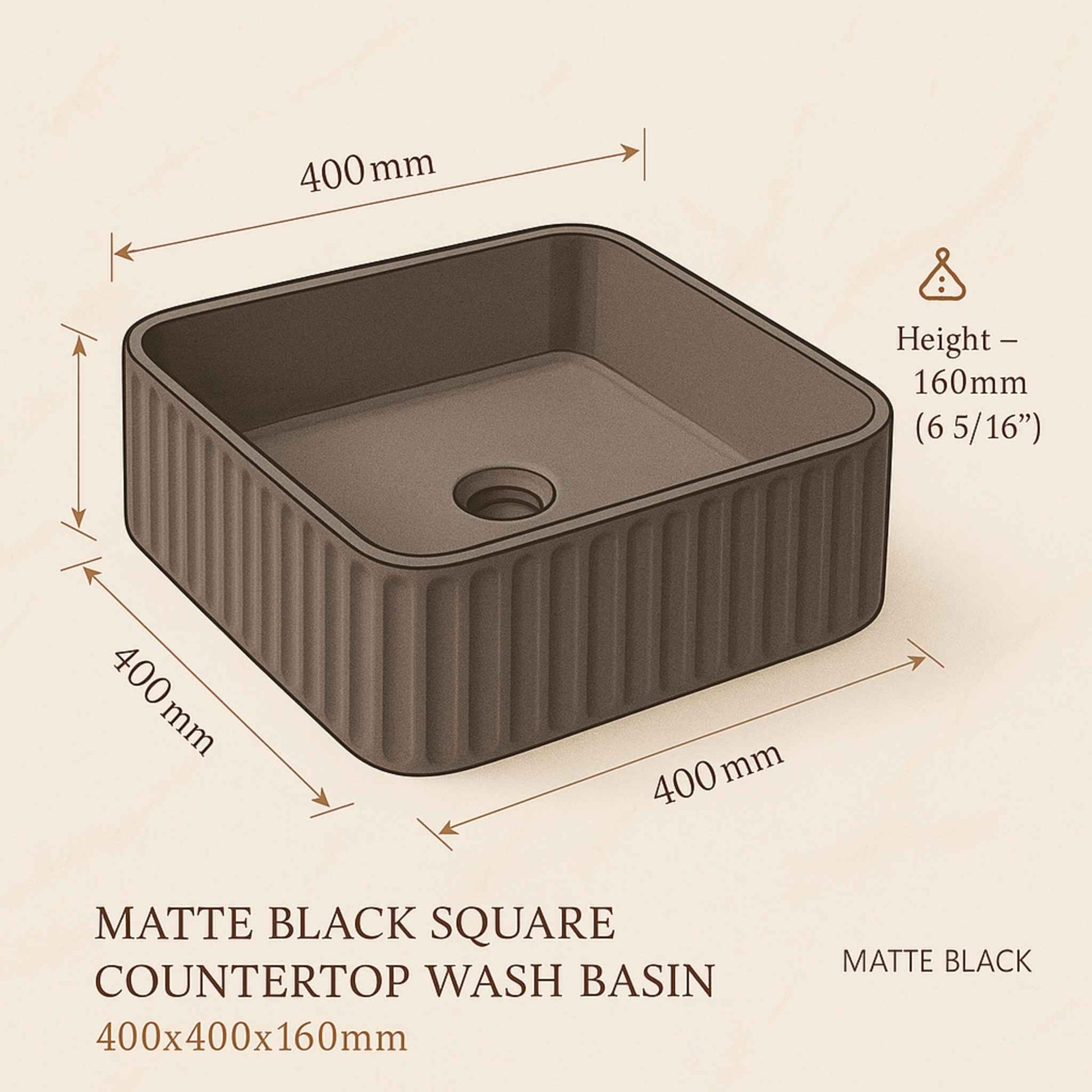 Matte black square countertop wash basin with dimensions on a beige background