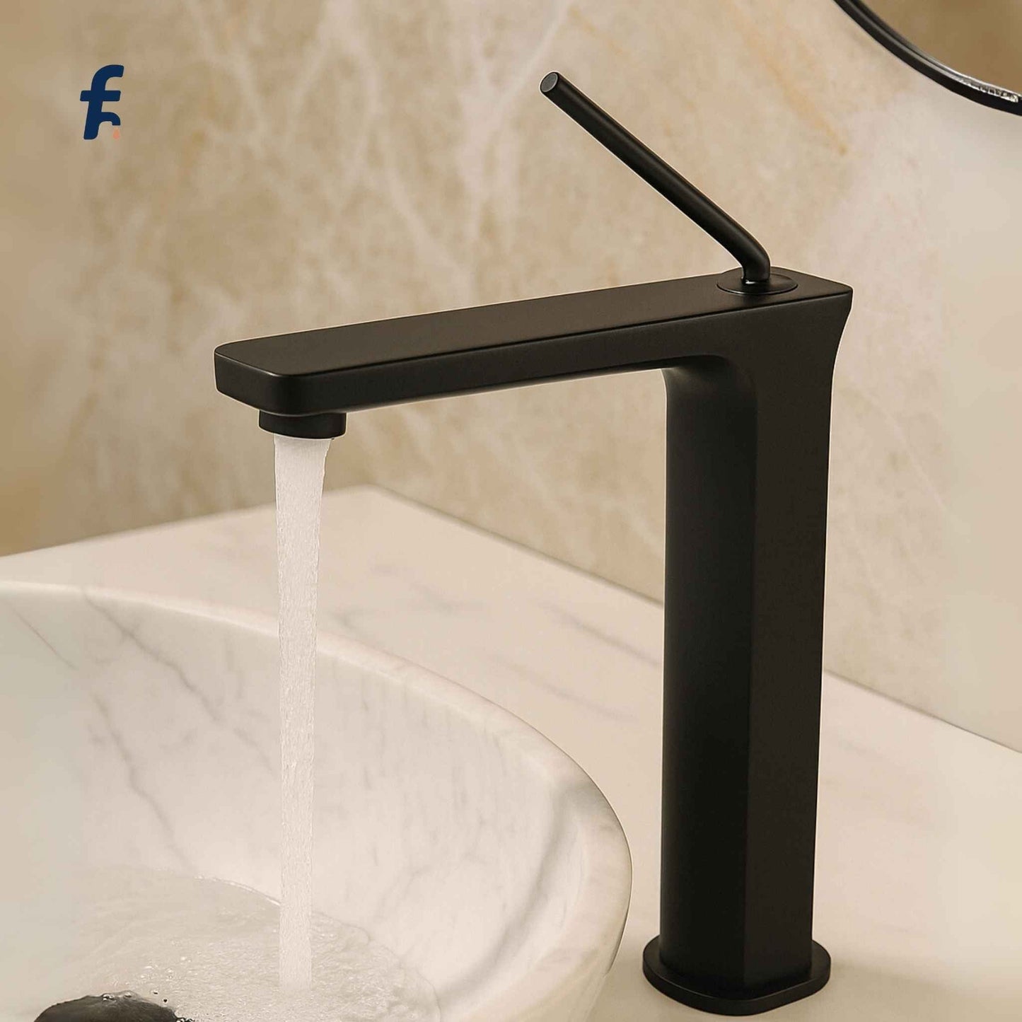 Black faucet with water flowing into a sink against a beige marble background, Modern matte black basin mixer tap with single lever control for smooth water flow