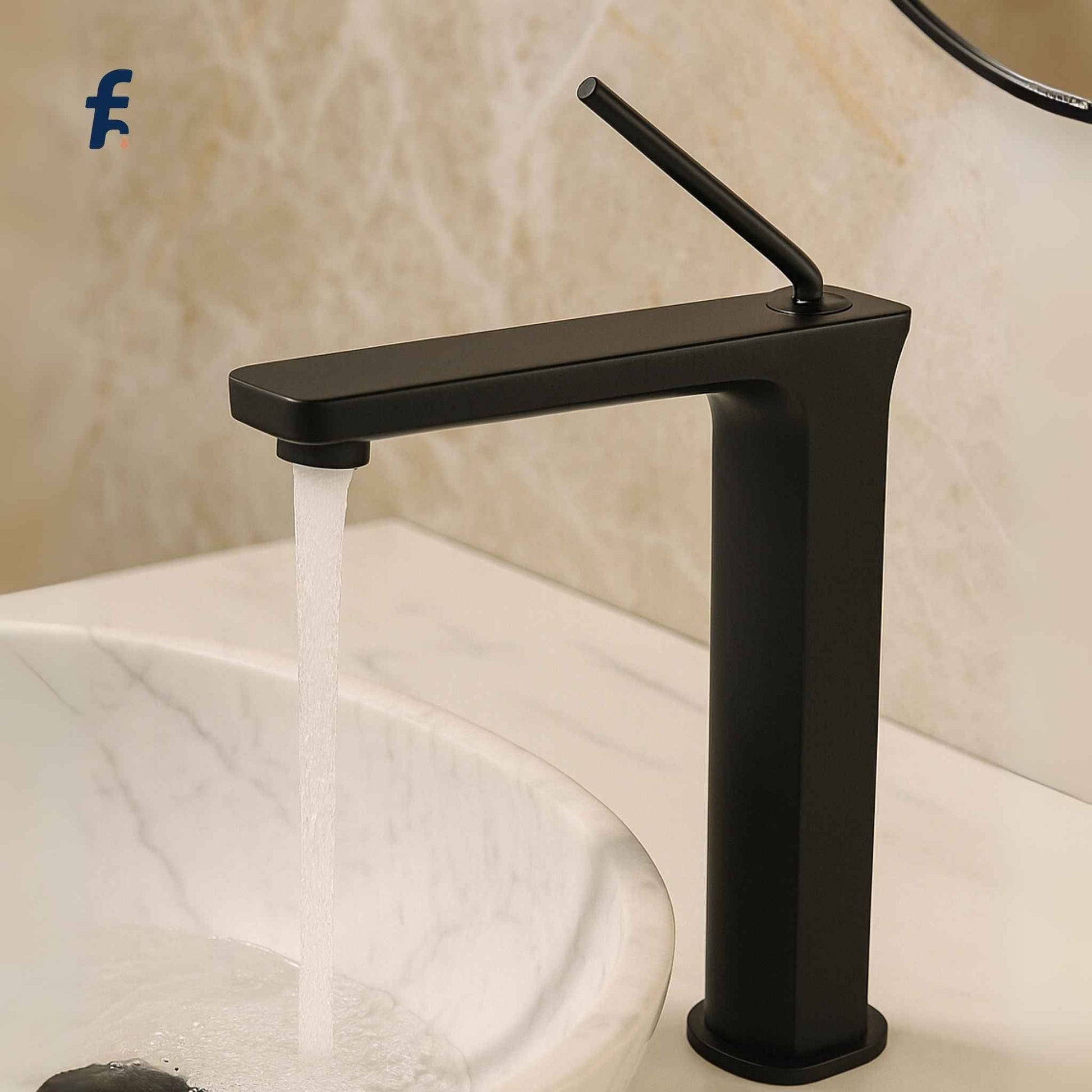 Black faucet with water flowing into a sink against a beige marble background, Modern matte black basin mixer tap with single lever control for smooth water flow