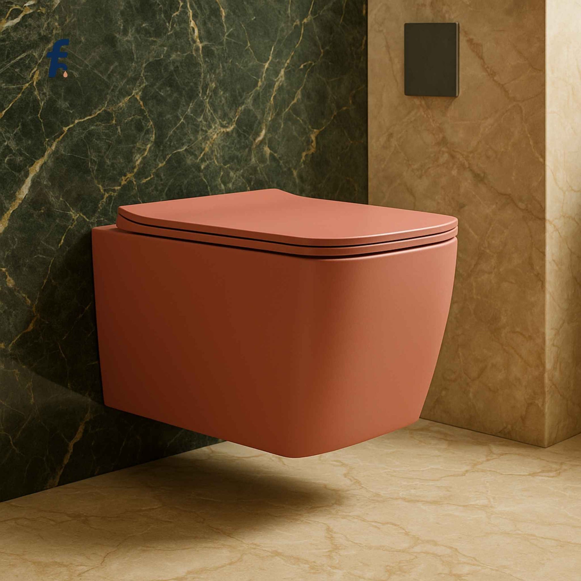 Pink wall-mounted toilet in a bathroom with marble walls.