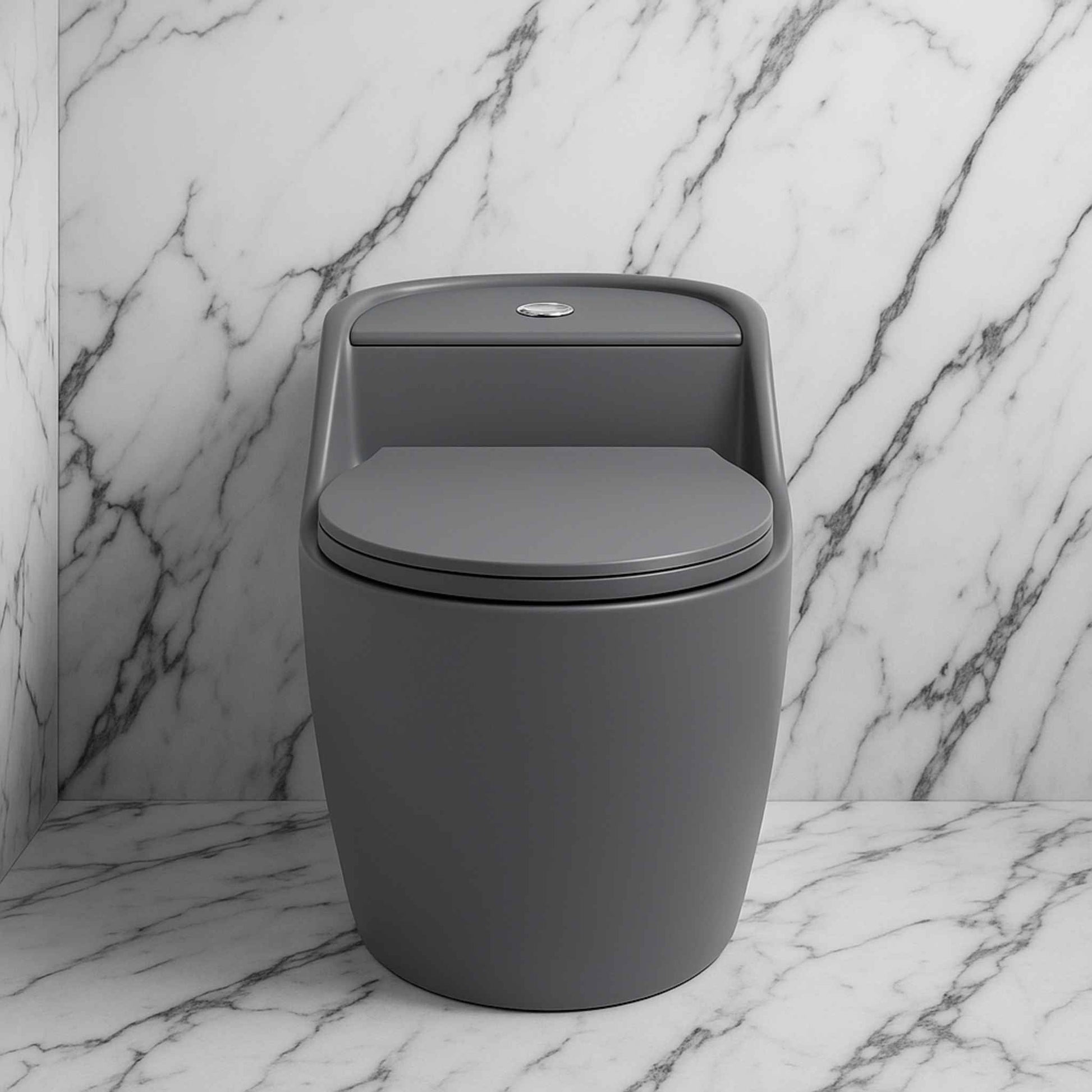 Front view of matte grey one-piece toilet with built-in flush tank