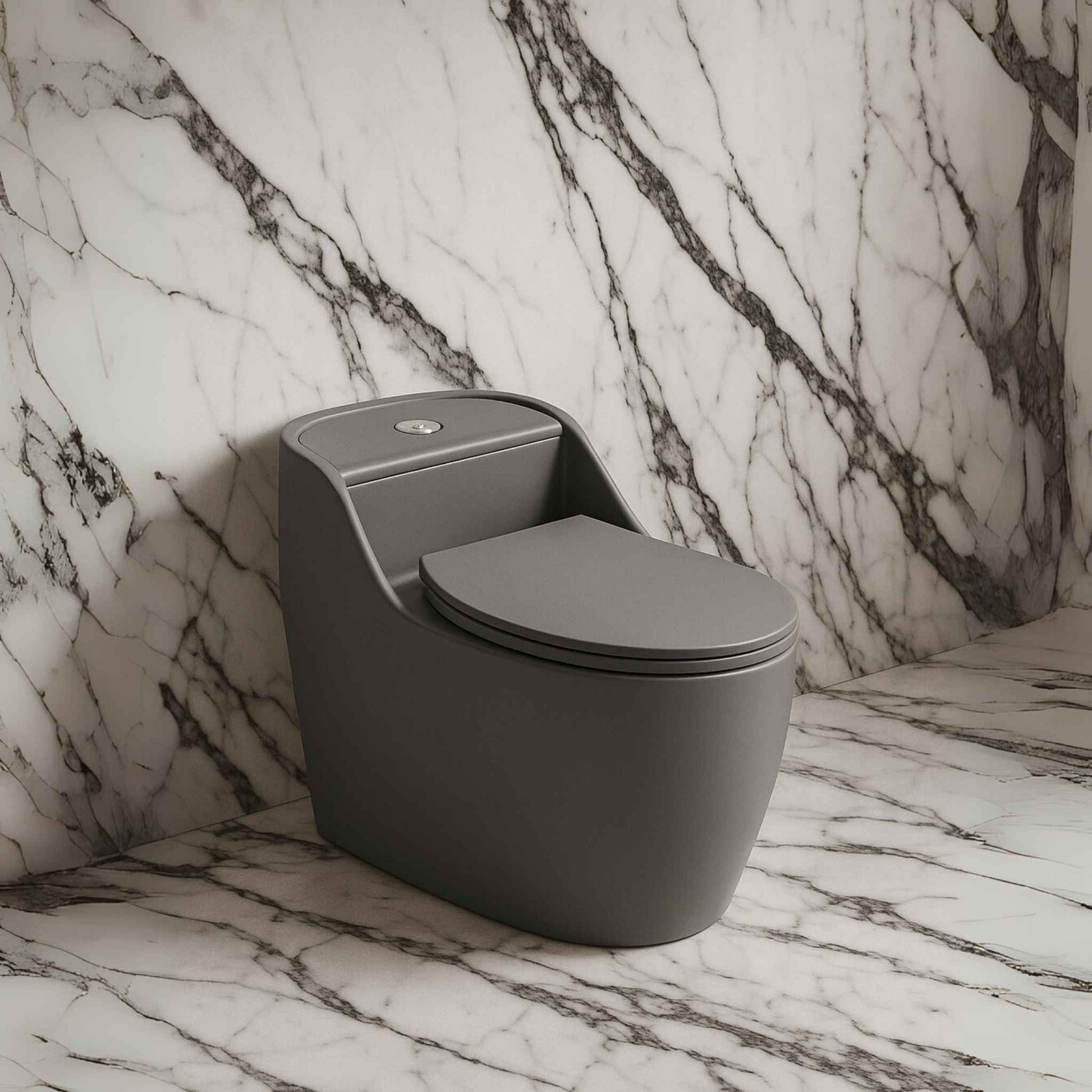 Matte grey one-piece toilet in luxurious white satvario marble bathroom