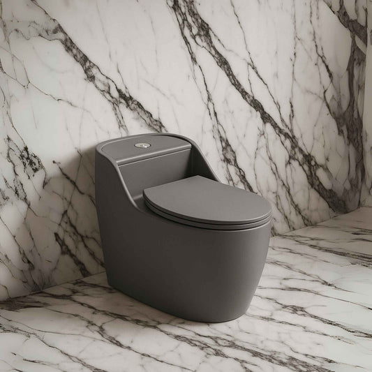 Matte grey one-piece toilet in luxurious white satvario marble bathroom