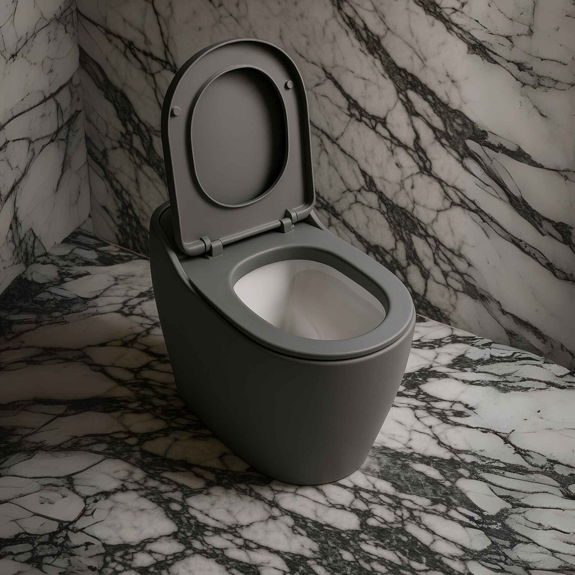 Modern toilet with soft close seat lid open showing ceramic bowl