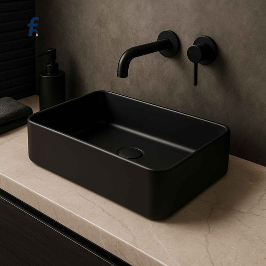 Front view of rectangular matt black melamine wash basin