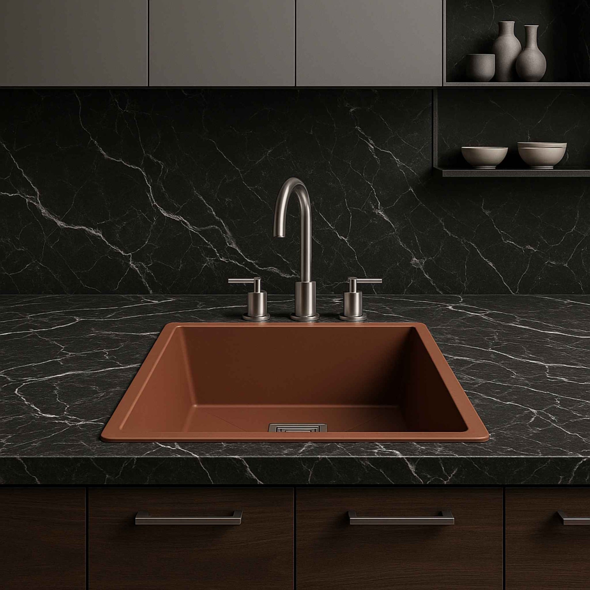 Front view of metallic brown kitchen sink 18x21x9 with designer drain in luxury kitchen