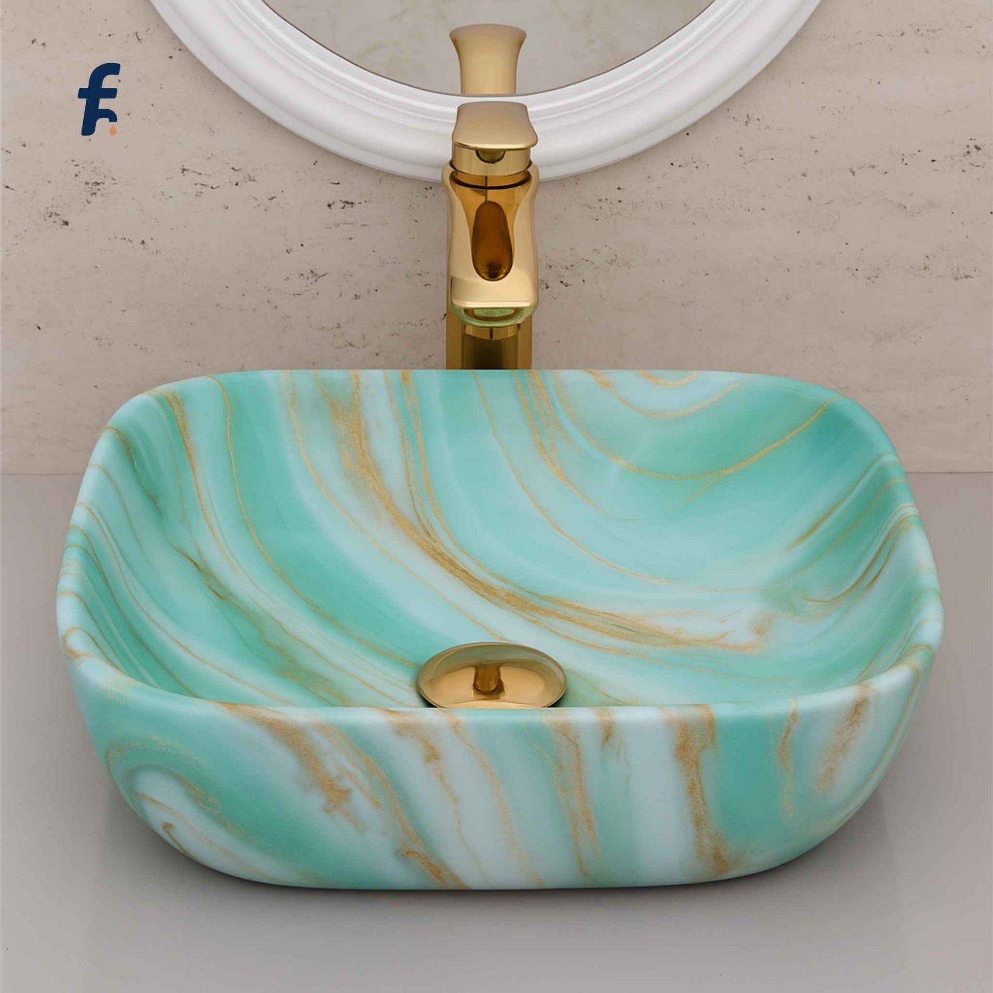 Marble-patterned sink with gold faucet against a neutral wall, Close-up shot of mint green marble wash basin with gold faucet