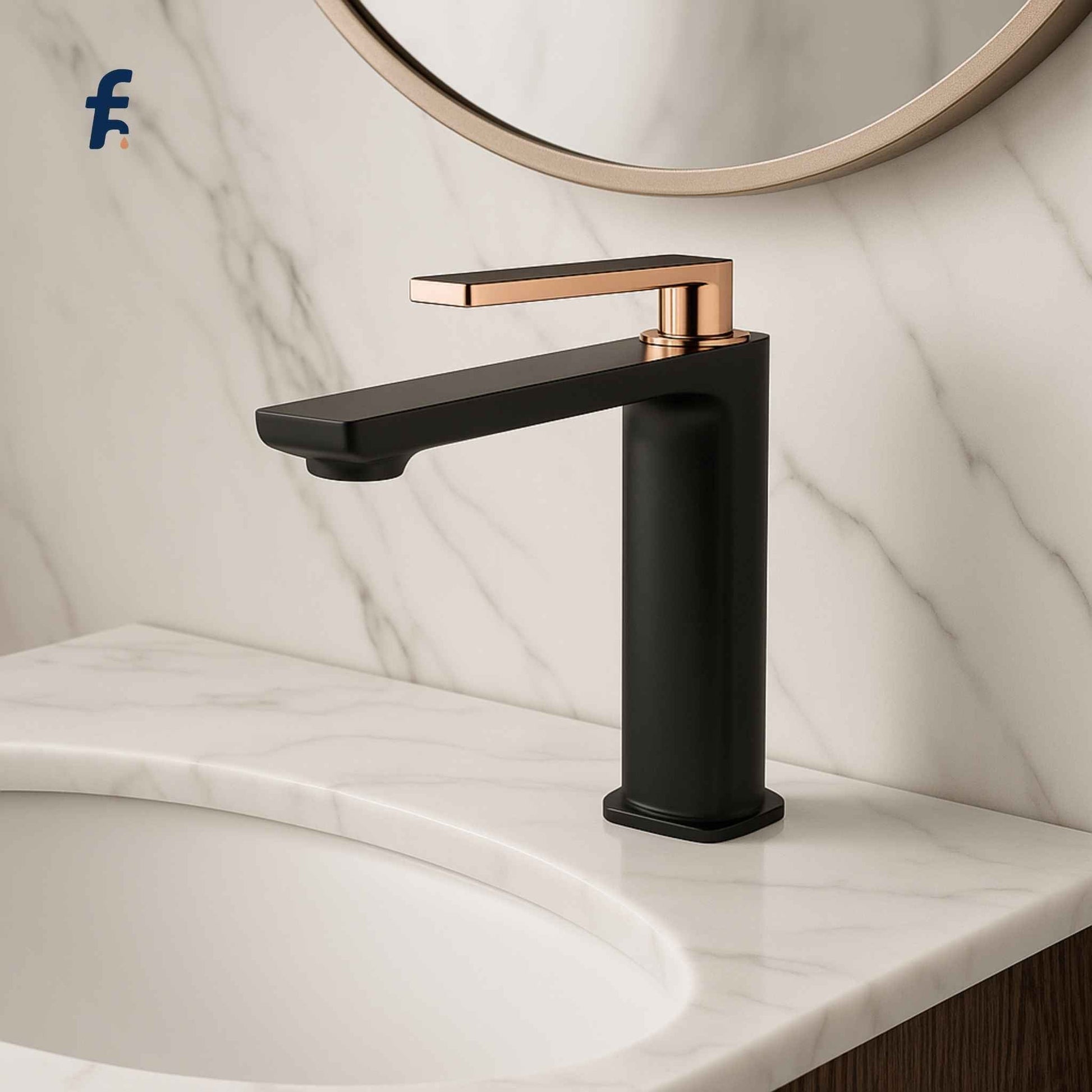 Black and rose gold faucet on a marble countertop with a mirror in the background, Full vanity setup with luxury matte black rose gold faucet