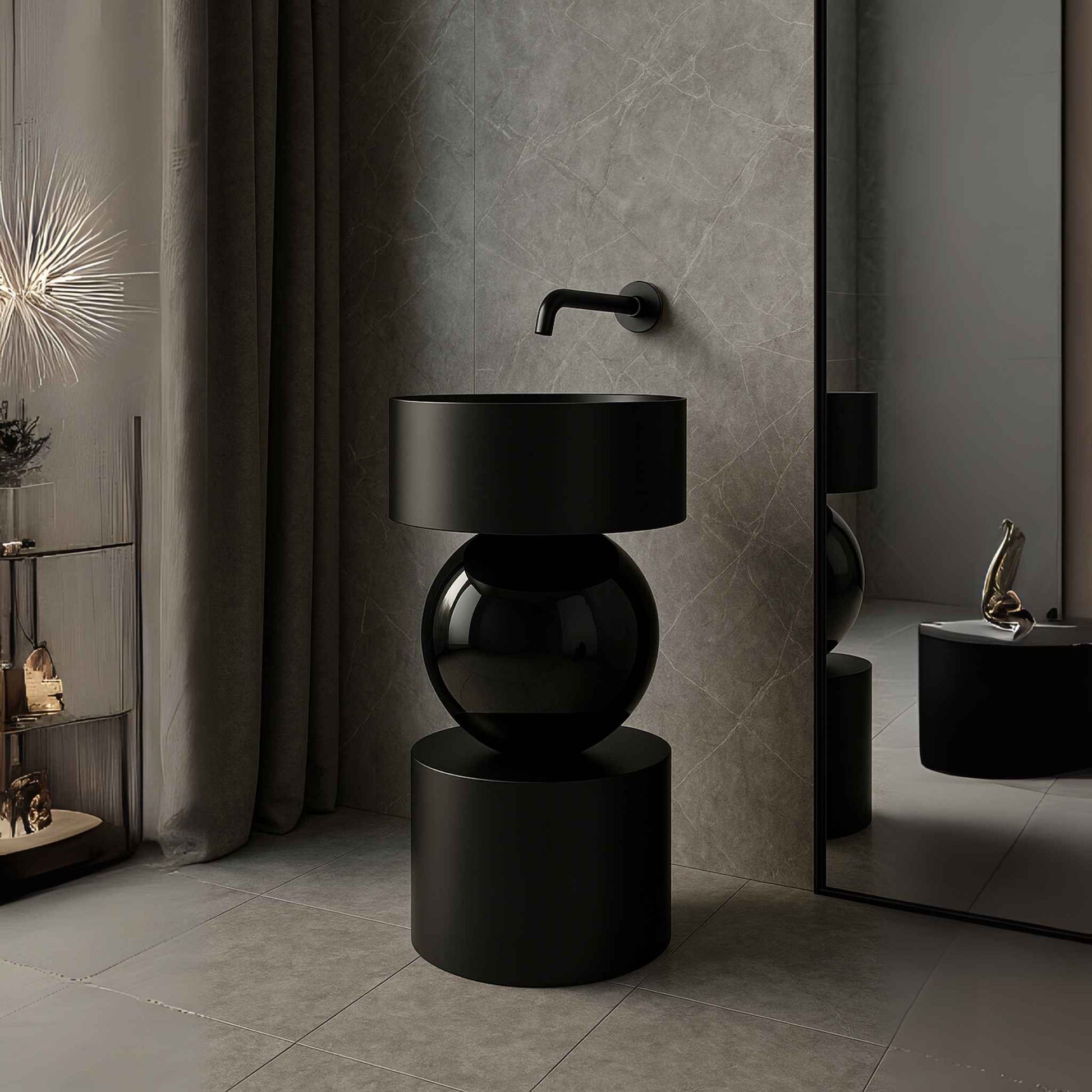Luxury bathroom interior with black pedestal basin