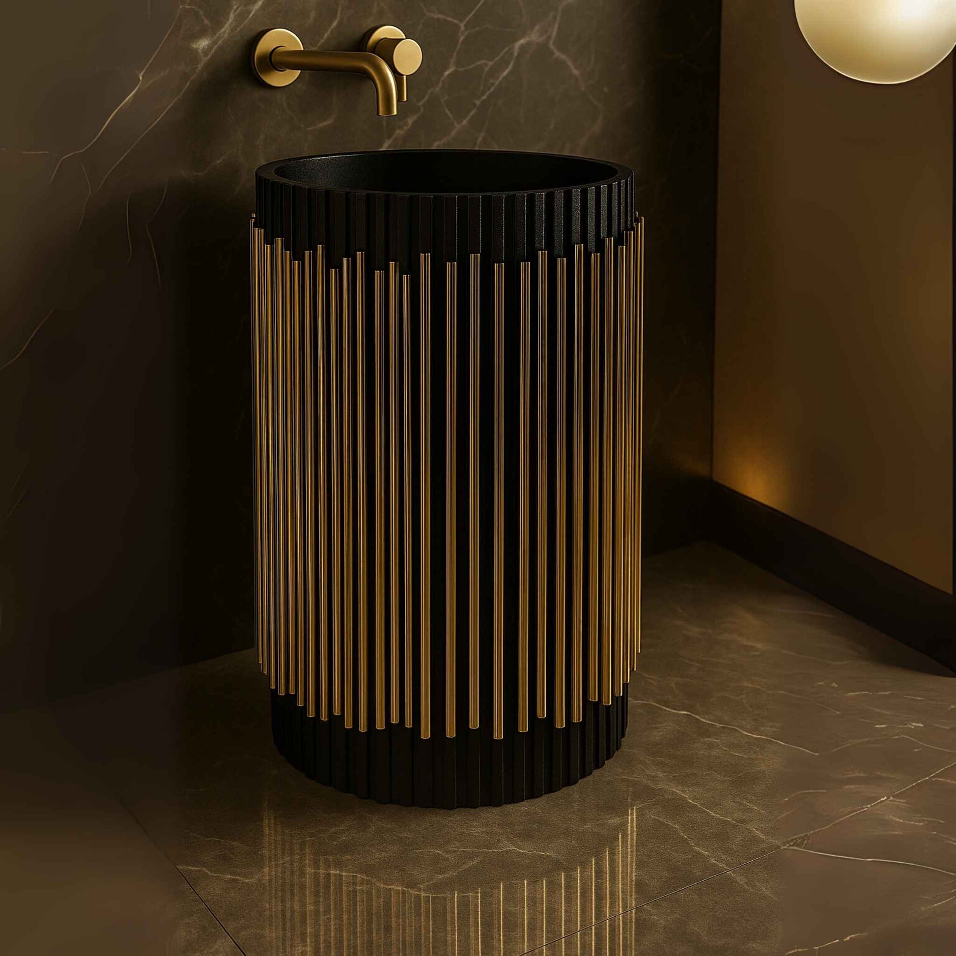Side view of modern gold and black freestanding designer basin