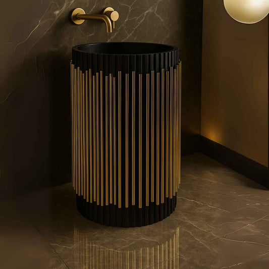 Side view of modern gold and black freestanding designer basin