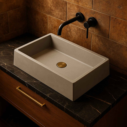 Top angle view of rectangular rustic concrete wash basin placed on countertop