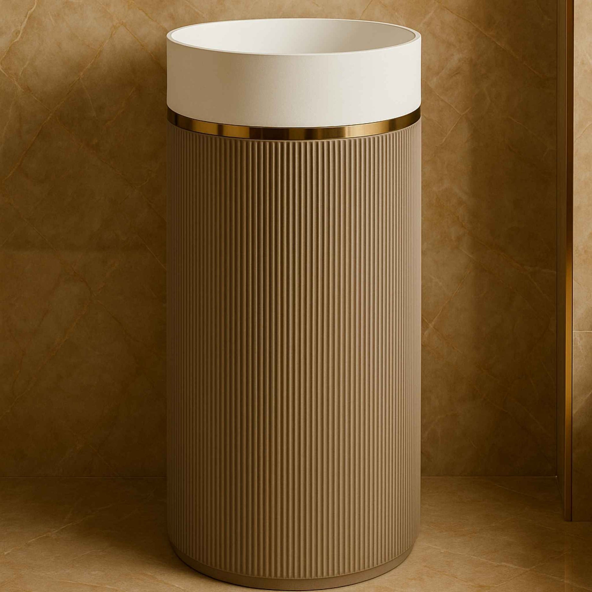 Full view of luxury bathroom featuring freestanding modern fluted pedestal basin as focal point.