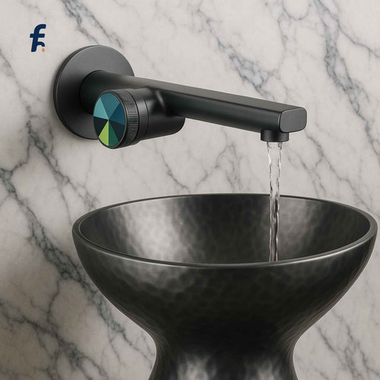 Black faucet with water flowing into a black sink against a marble wall.