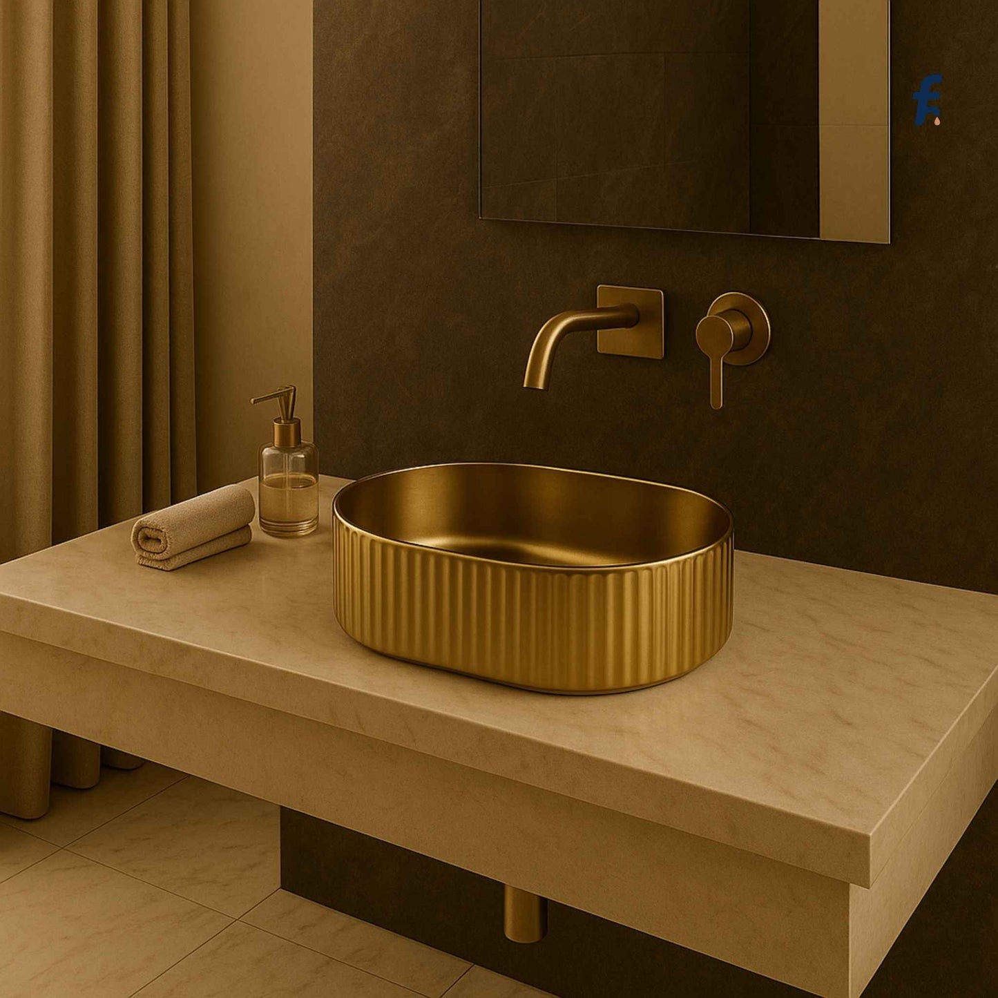 Full view of bathroom featuring fluted gold wash basin