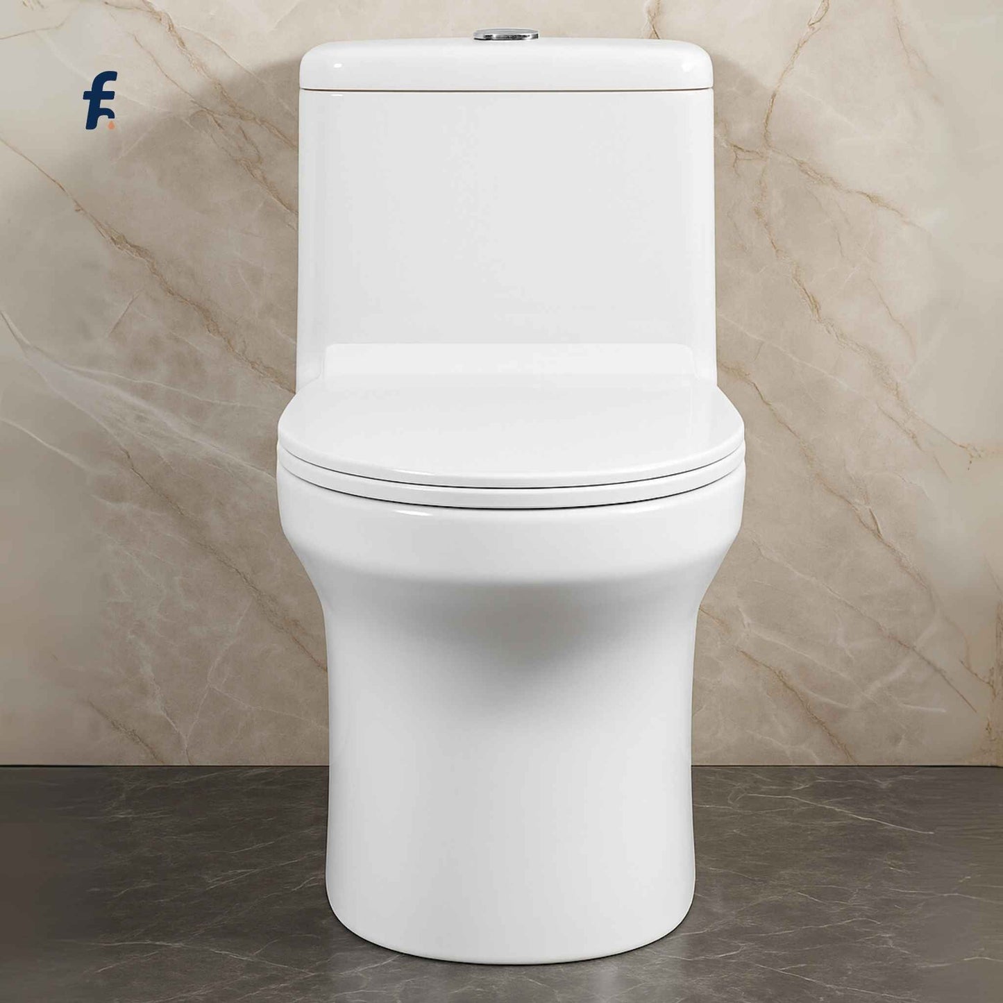 Luxurious modern bathroom setup with white one-piece toilet and grey Italian flooring