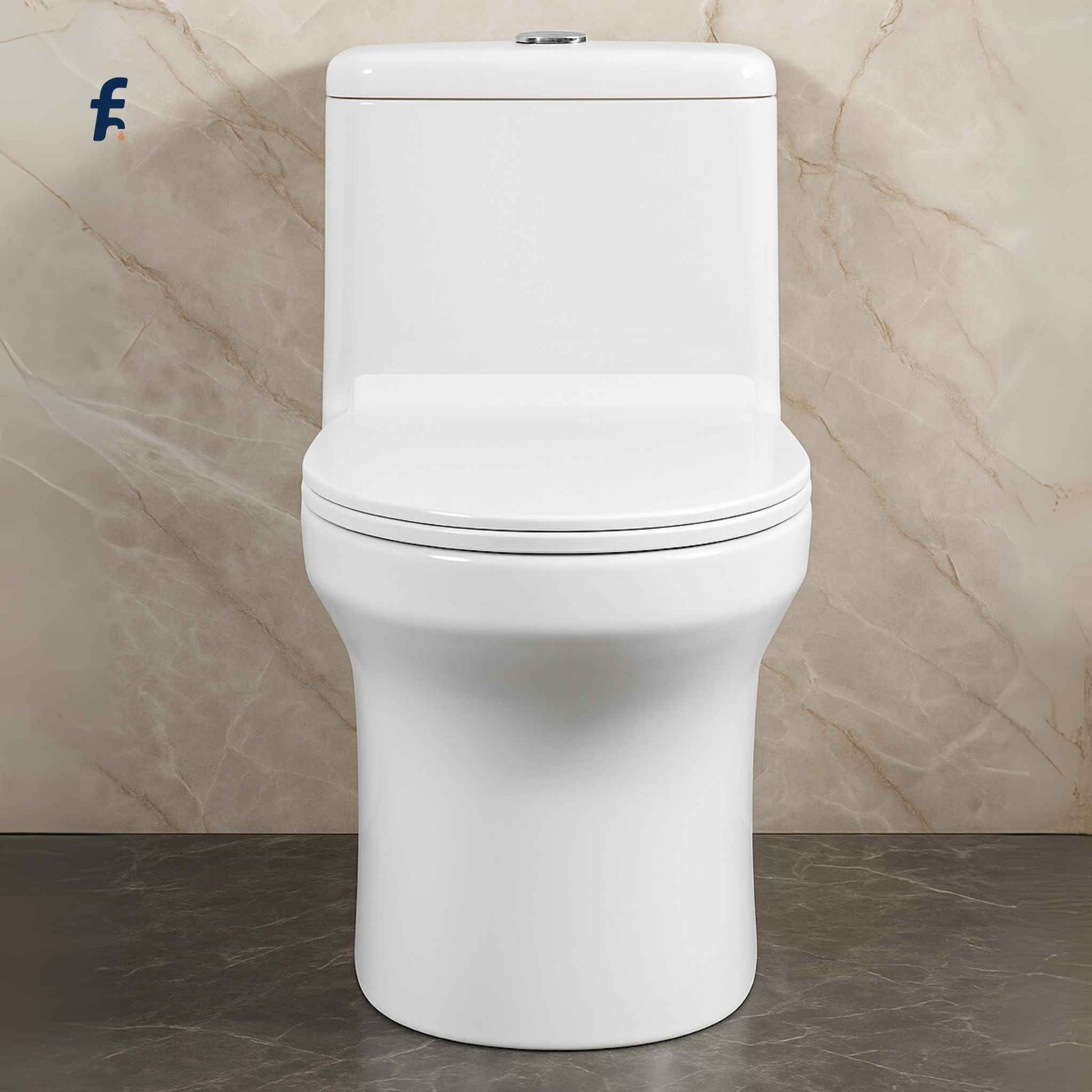 Luxurious modern bathroom setup with white one-piece toilet and grey Italian flooring