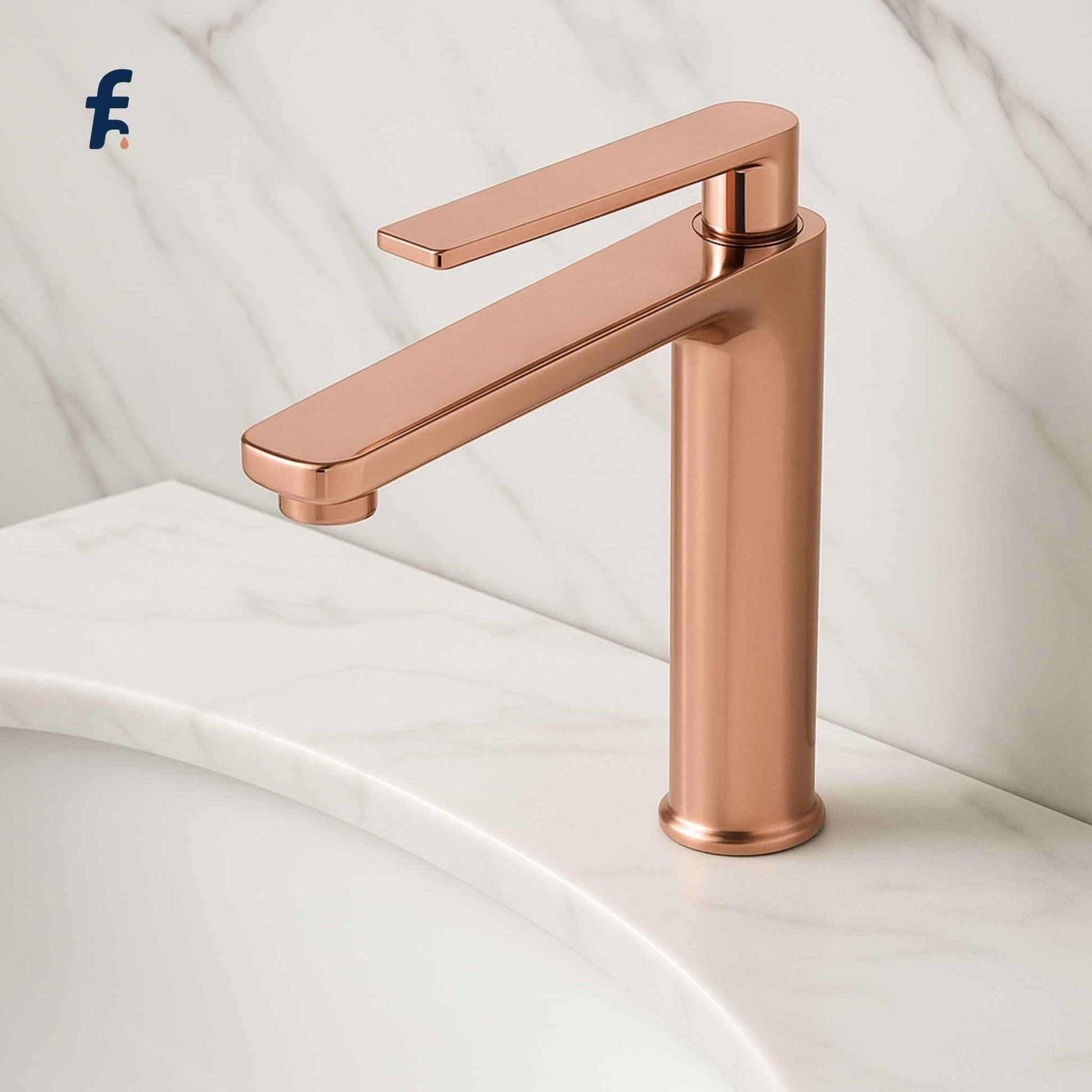 Rose gold faucet on a white sink background, Modern single lever rose gold basin faucet for countertop washbasins