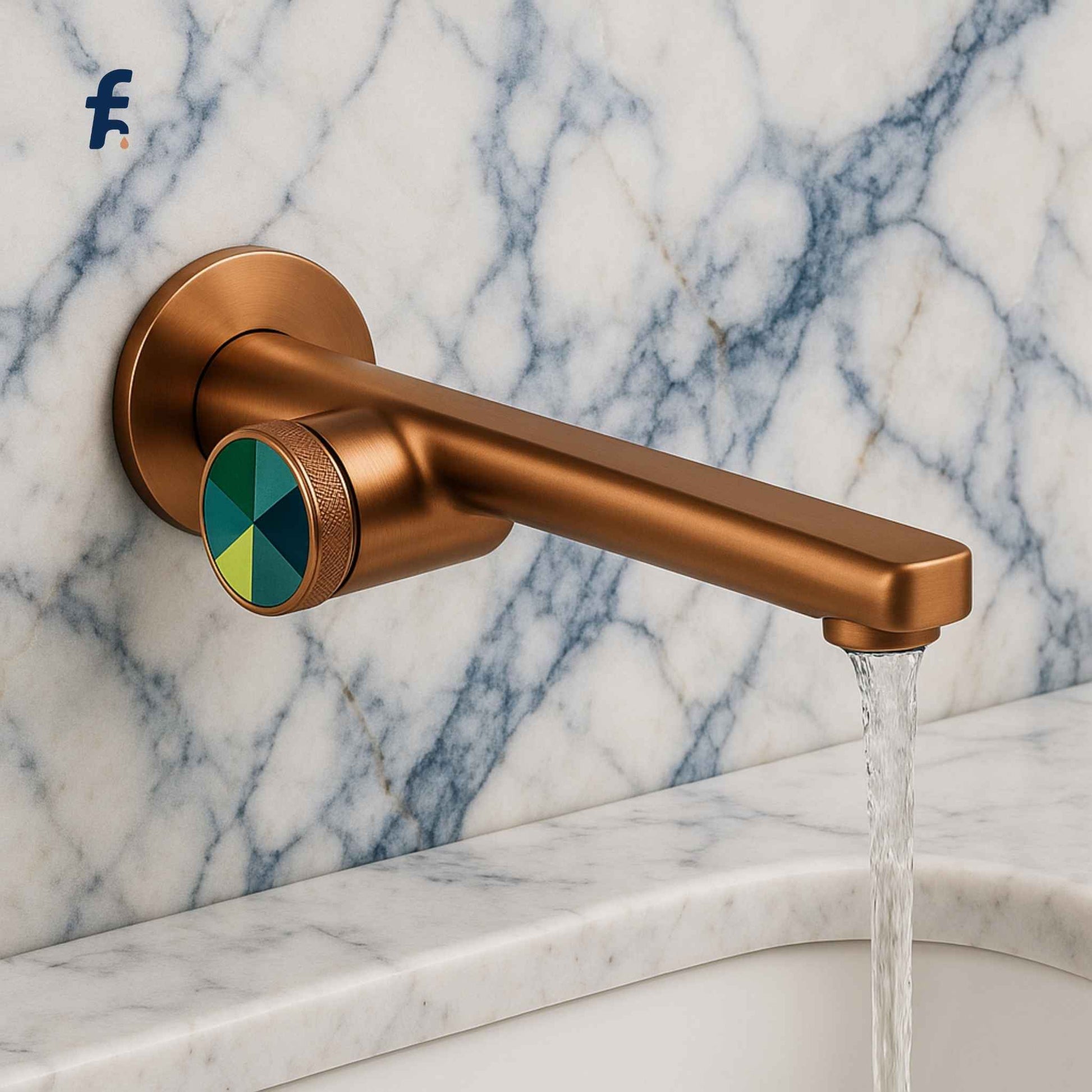 Bronze faucet with water flowing on a marble background, Designer wall-mounted faucet for modern basins