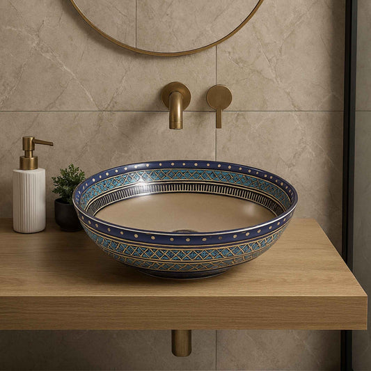 Moroccan style ceramic wash basin front view in luxurious bathroom